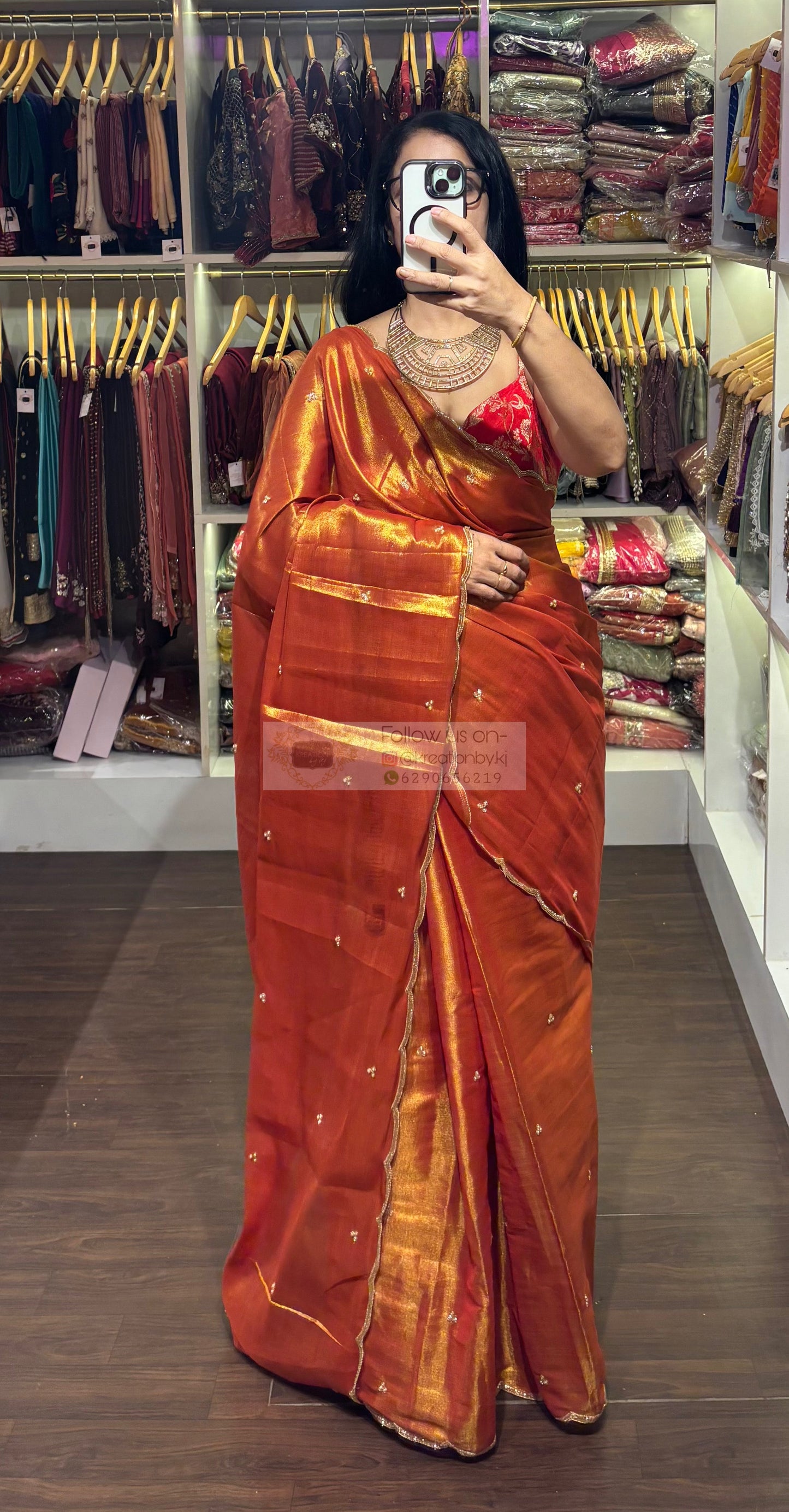 Burnt Orange Tissue Saree with Handembroidered Scalloping kreationbykj