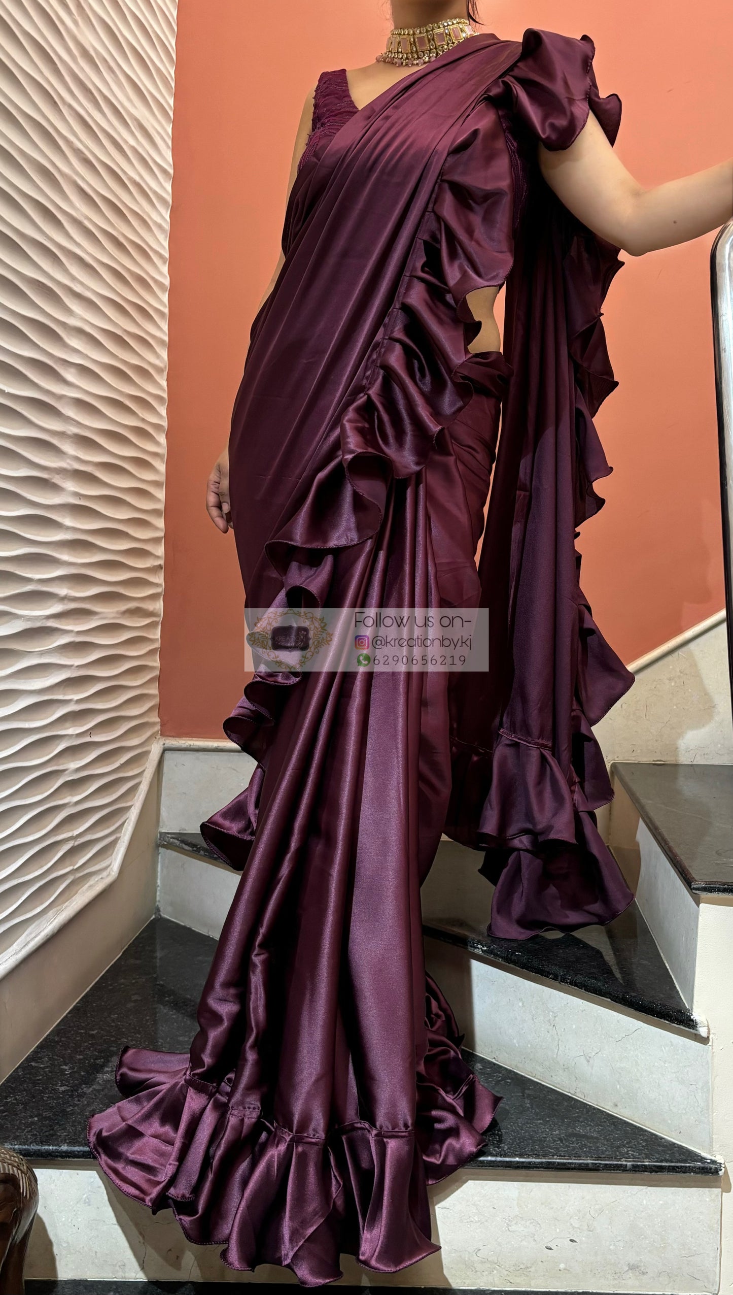 Dark Eggplant Wine Satin Silk Ruffle Saree