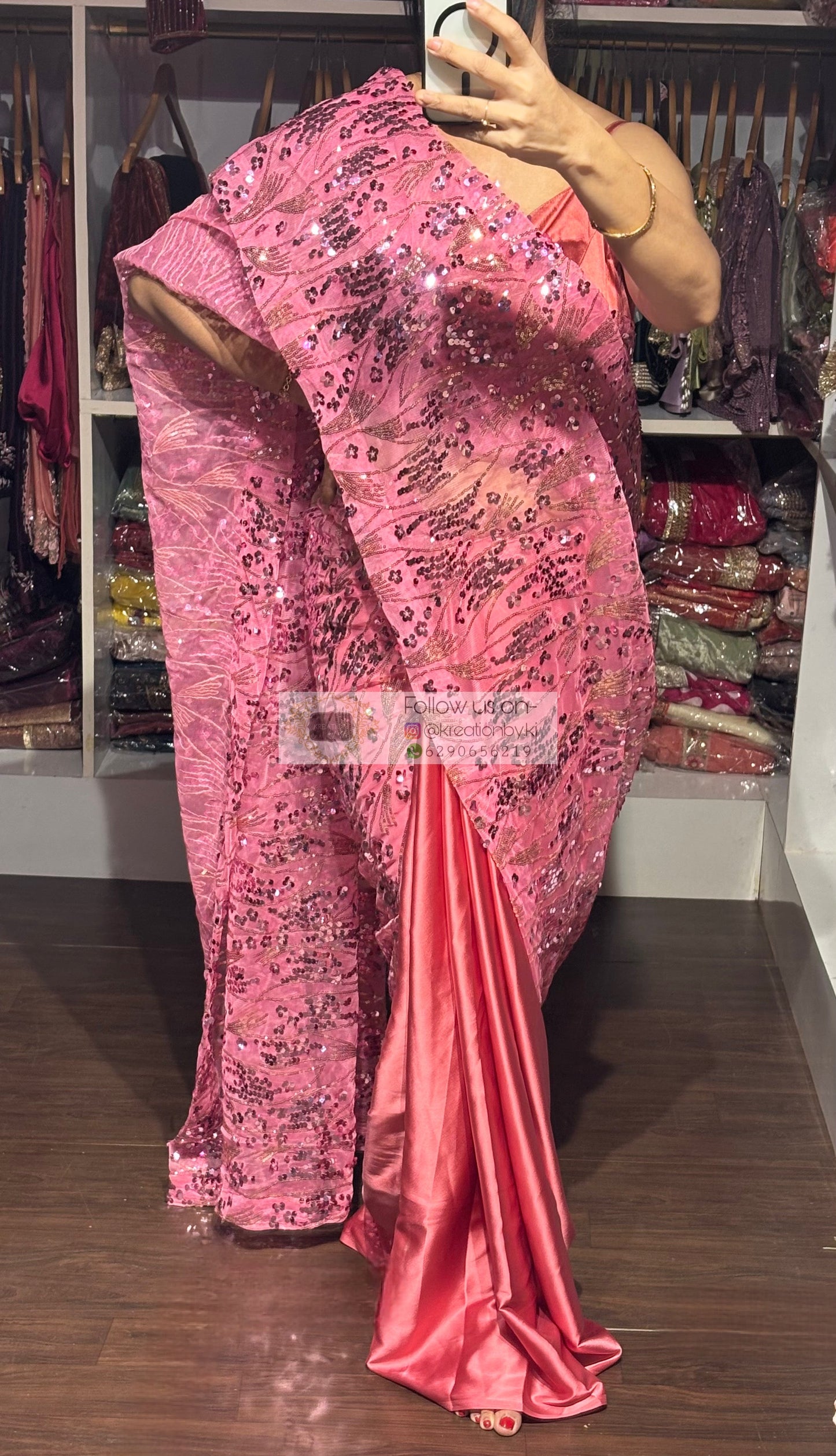 Pink Mermaid Sequin Partywear Saree kreationbykj
