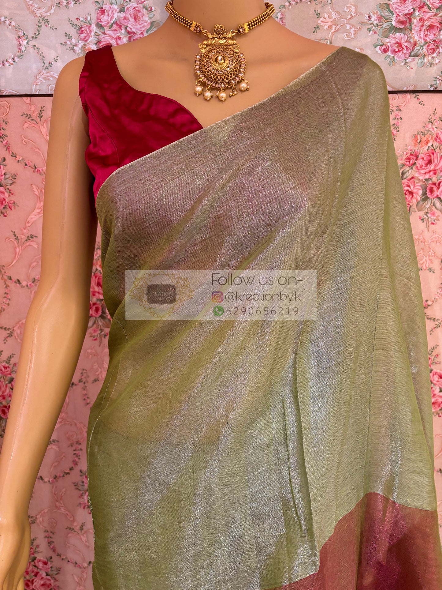 Badam Pista Cotton Tissue Saree kreationbykj