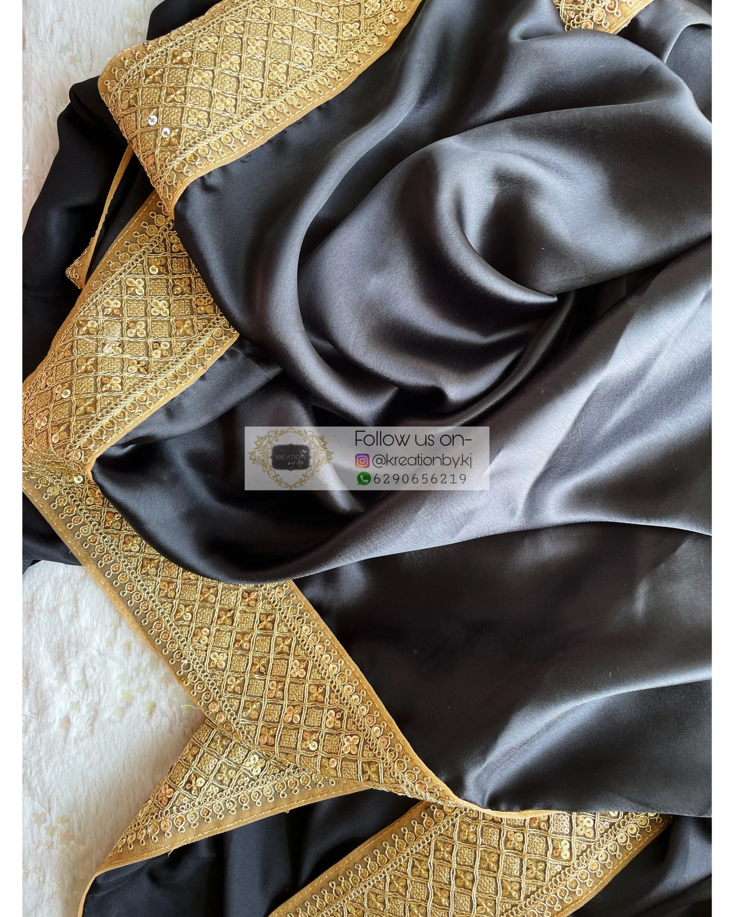 Black Satin Saree with Gold Border kreationbykj