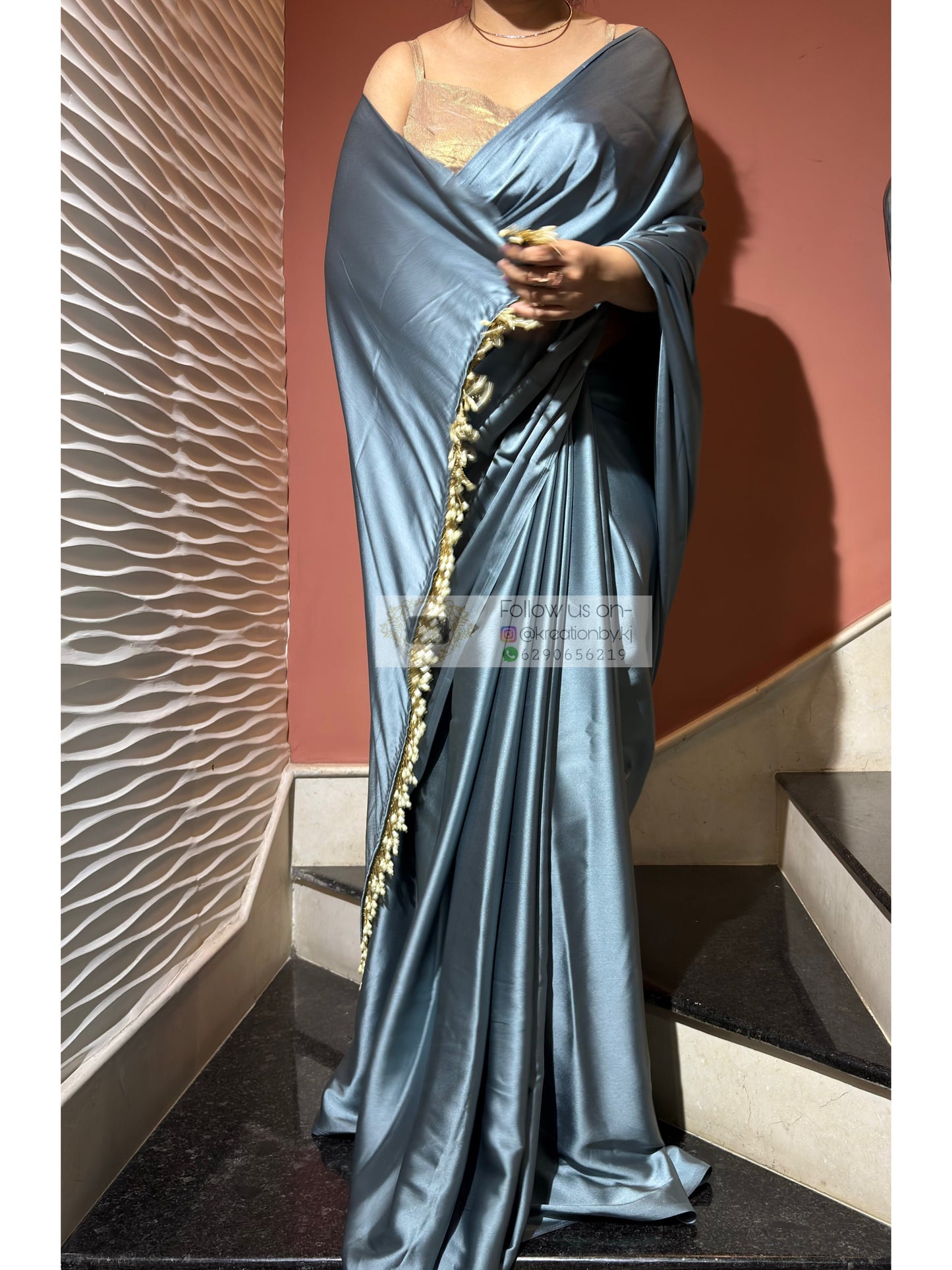 Slate Grey Satin Silk Saree with Handmade Tassels on Pallu kreationbykj