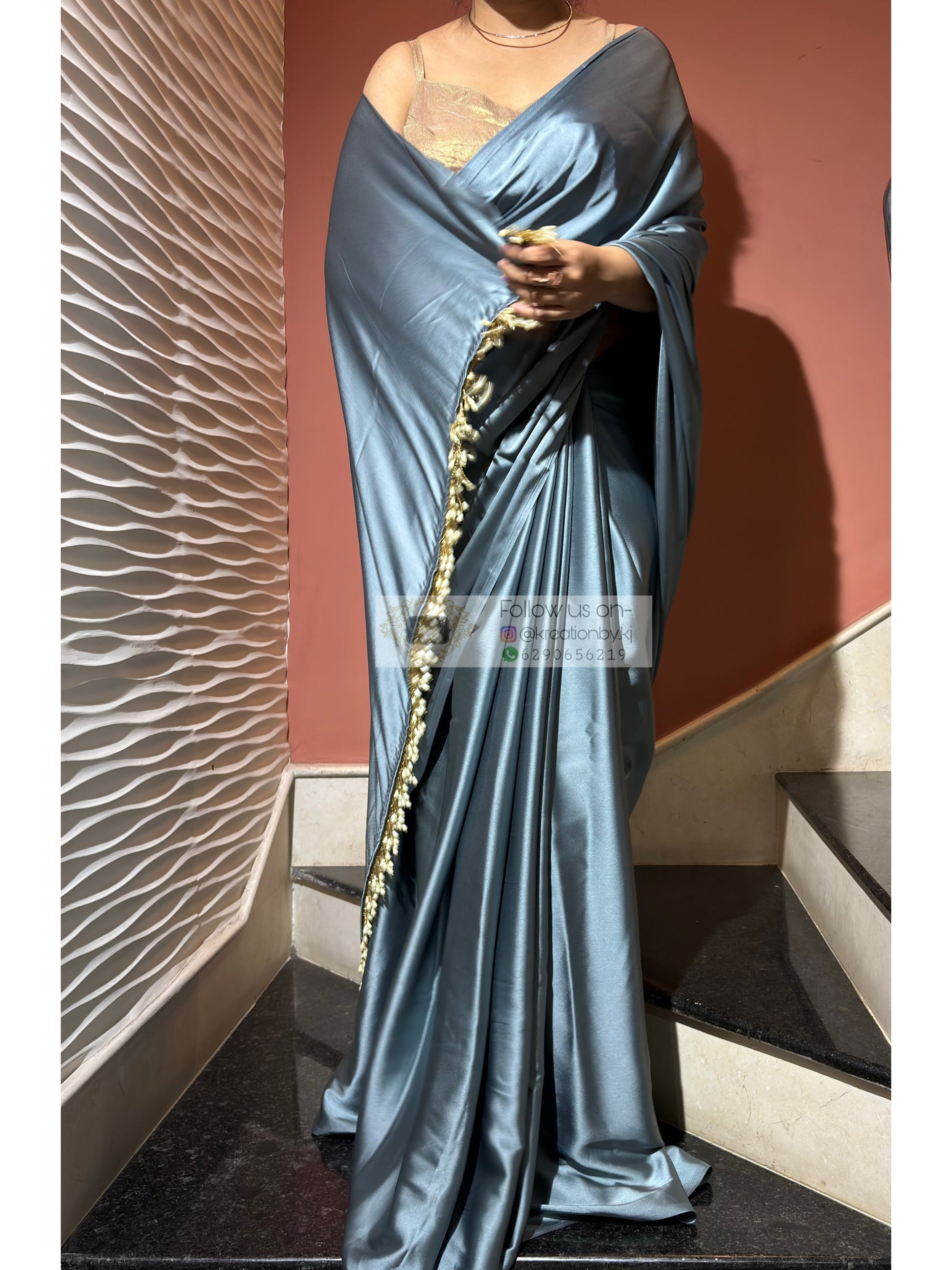Slate Grey Satin Silk Saree with Handmade Tassels on Pallu kreationbykj