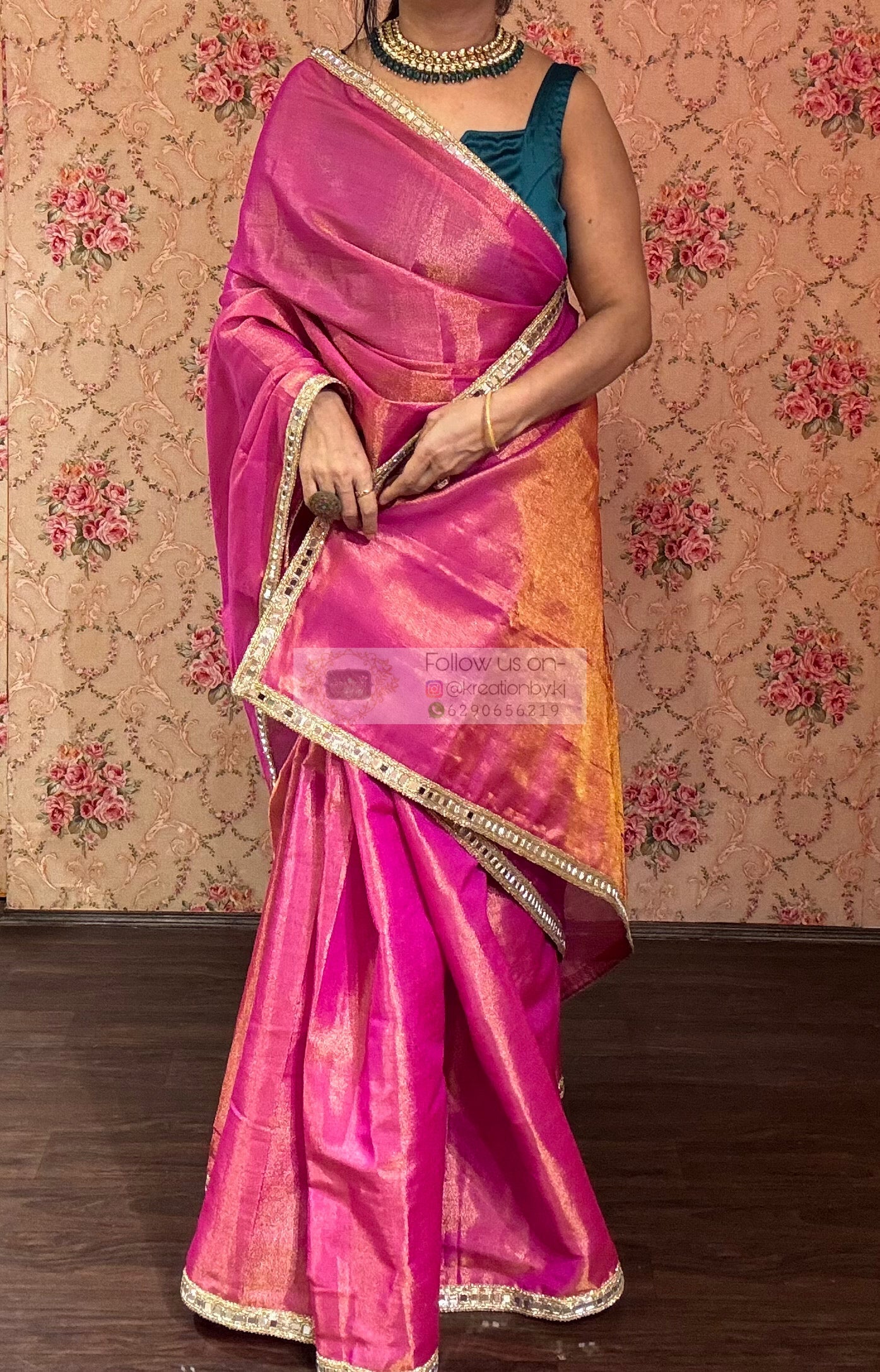 Hot Pink Mirage Saree with Cut Mirror Border kreationbykj