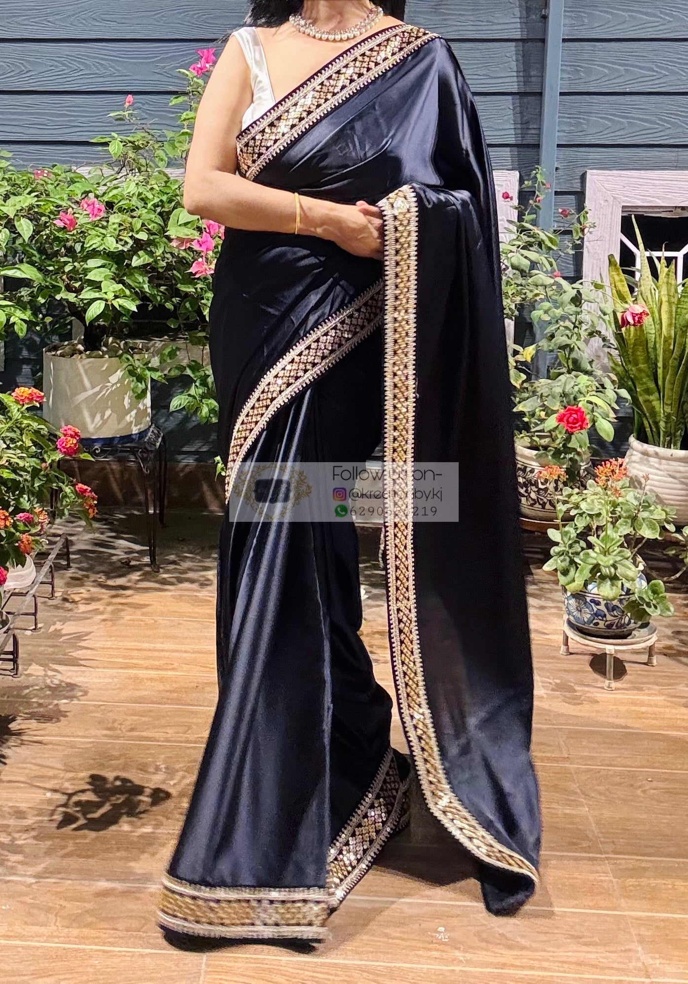 Dark Navy Blue Satin Silk Saree with Black Border kreationbykj