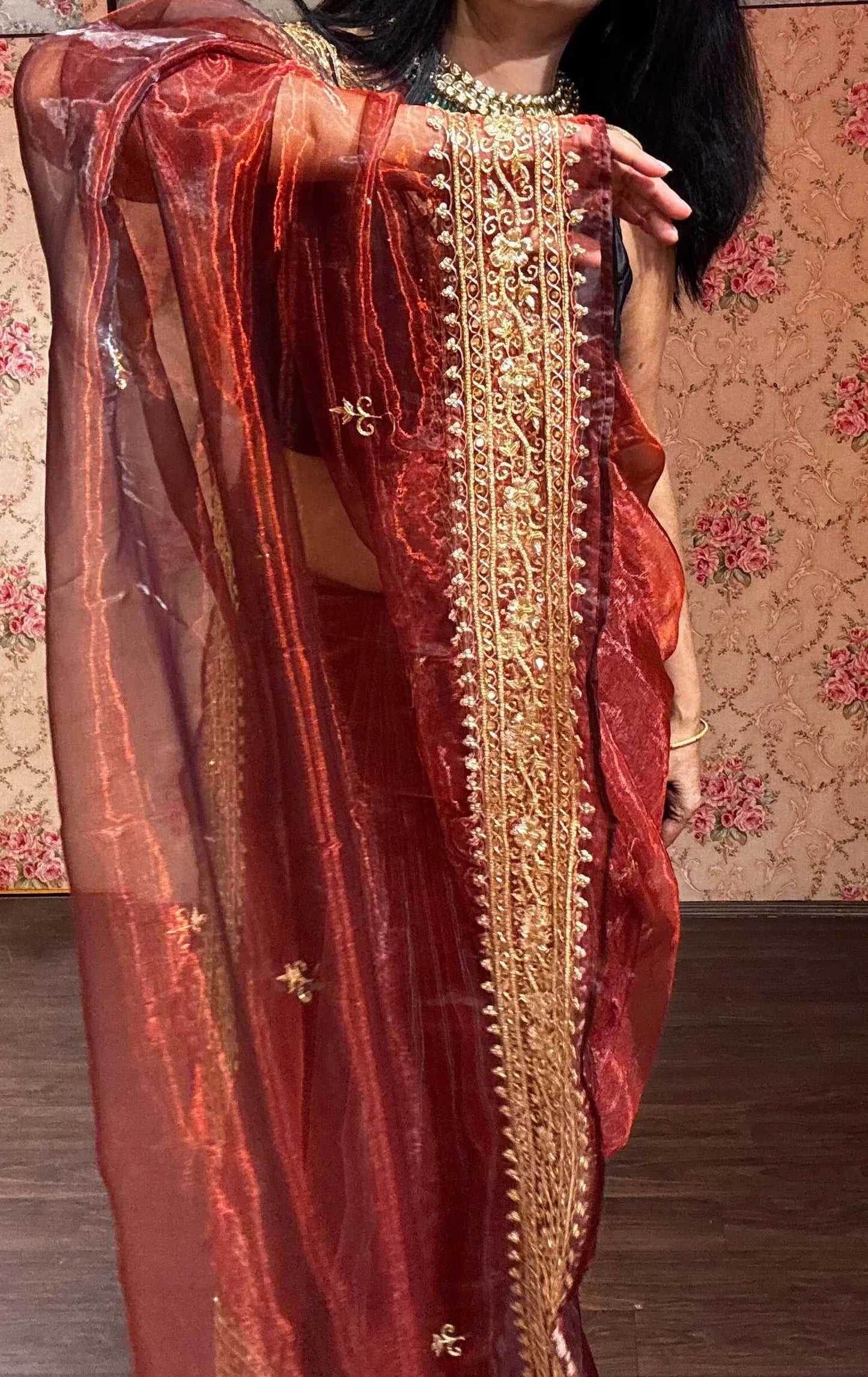 Maroon Glass Tissue Zarina Wedding Saree kreationbykj