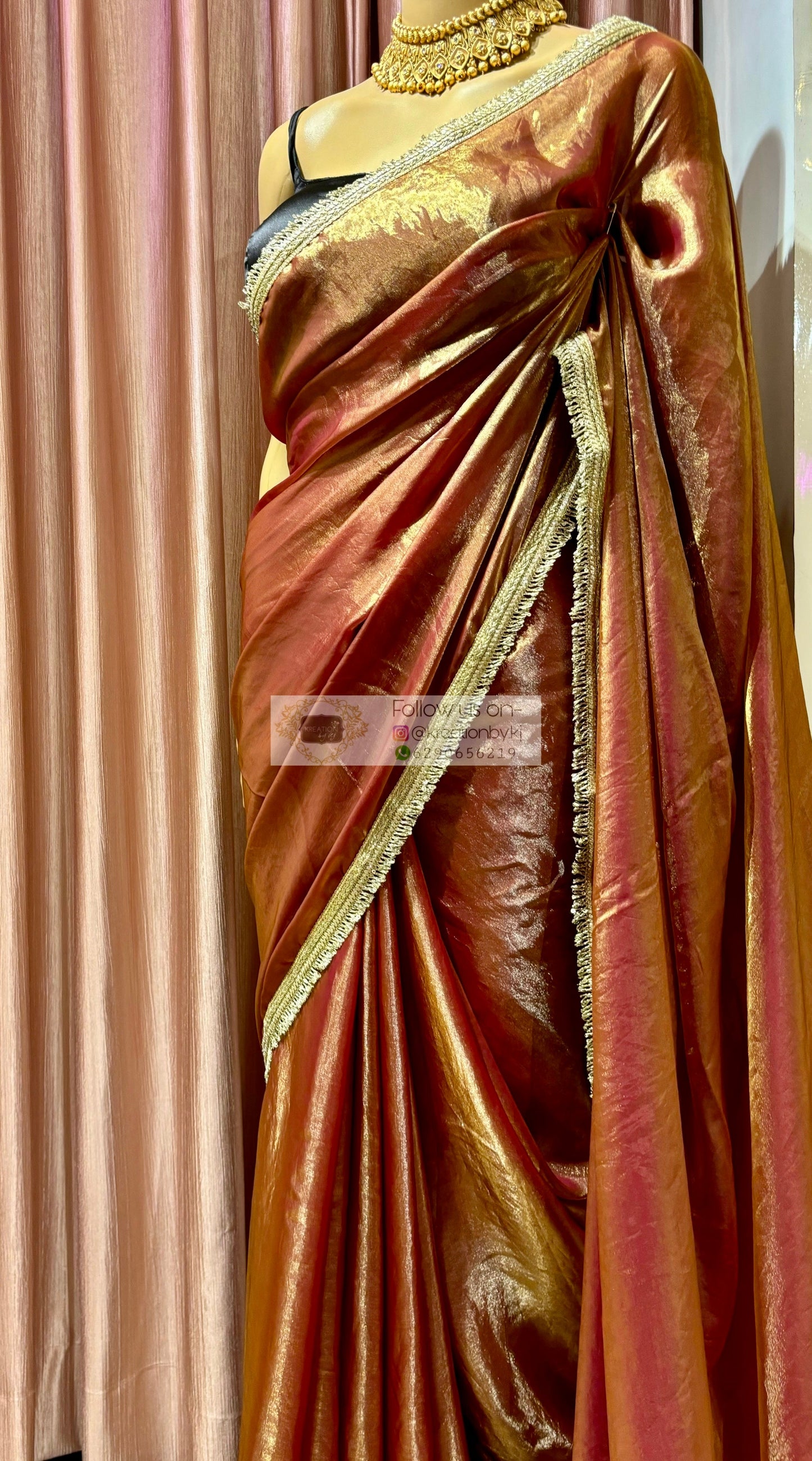 Hot Pink Metallic Shimmer Satin Banno Saree kreationbykj