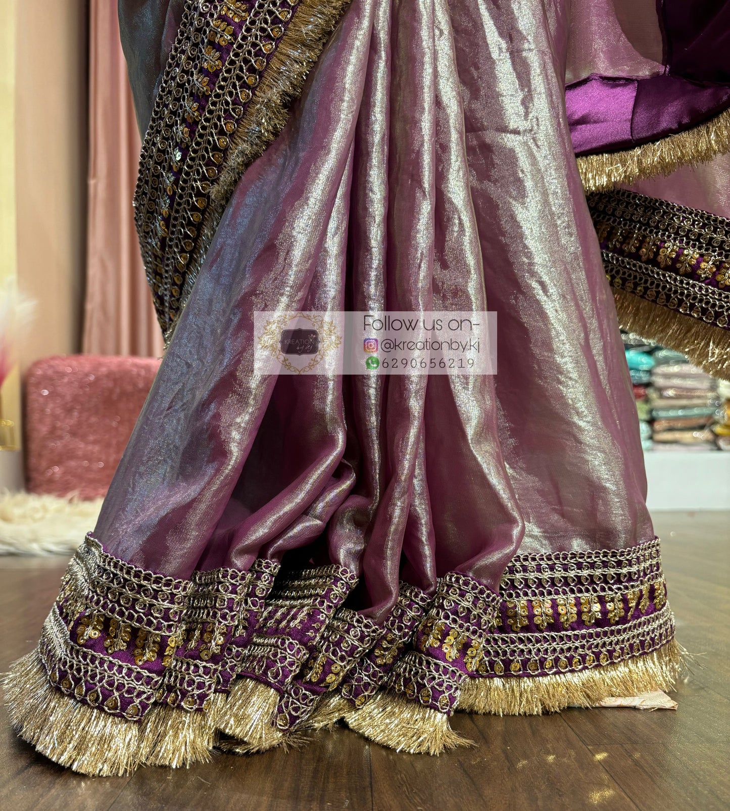 Mauve Metallic Shimmer Satin Banno Saree kreationbykj