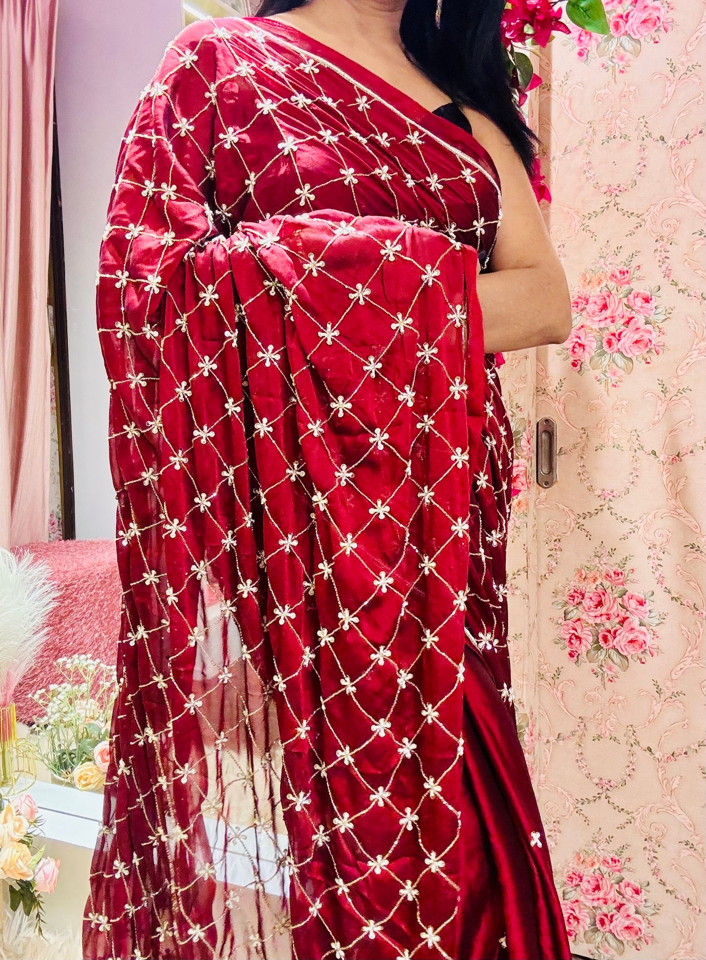 Maroon Georgette Cutdana Jaal Saree - kreationbykj