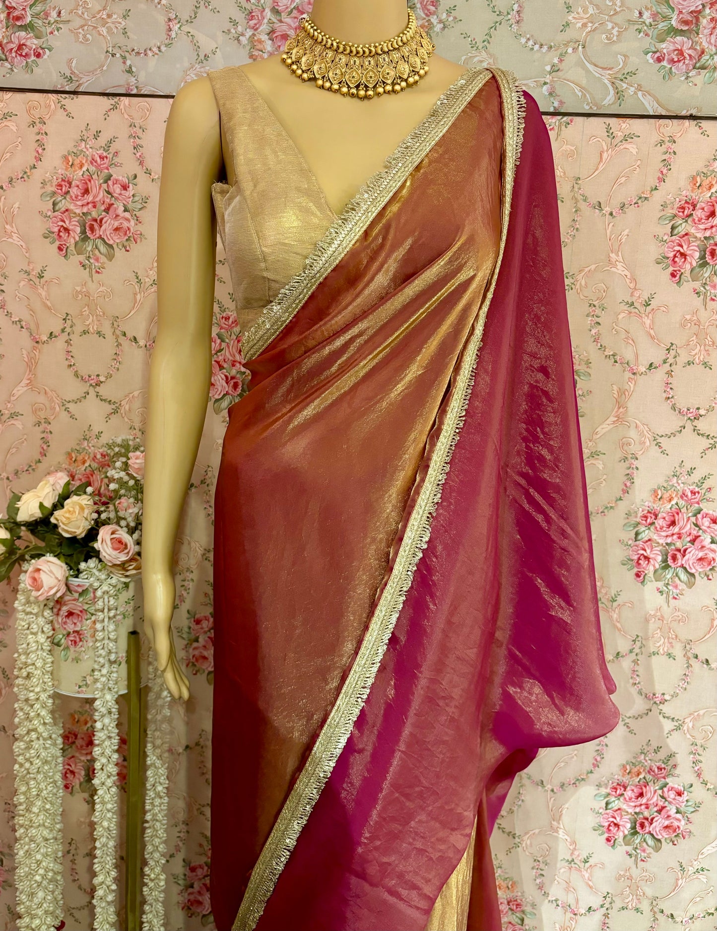Hot Pink Metallic Shimmer Satin Banno Saree kreationbykj