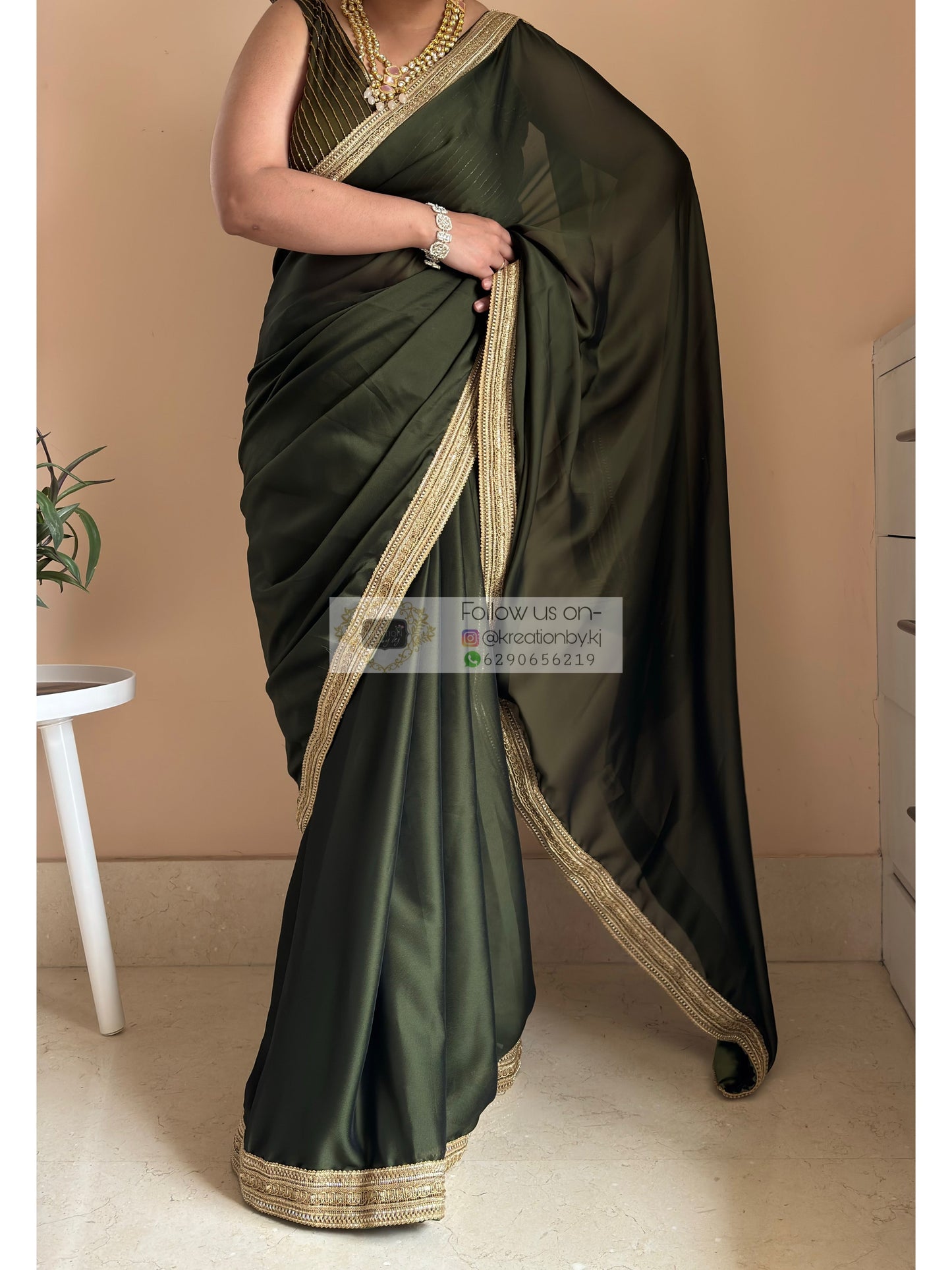Olive Green Georgette Saree with Golden Border Kreation by KJ