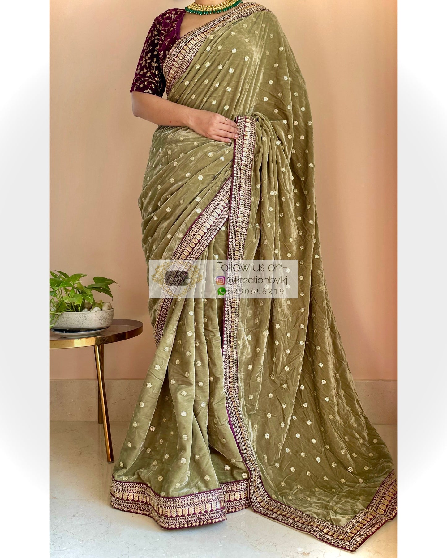 Sage Green Velvet Saree With Border kreationbykj