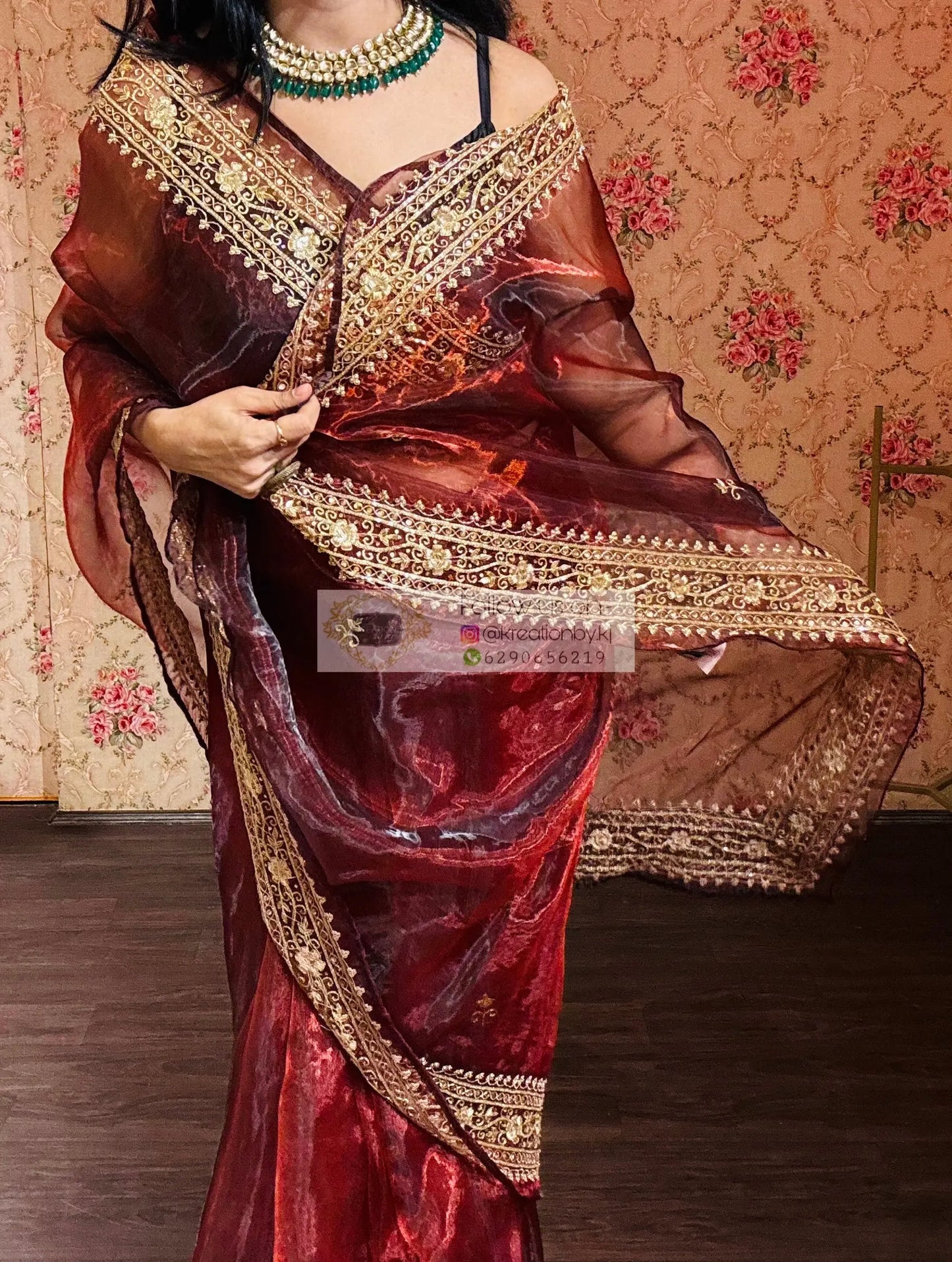 Maroon Glass Tissue Zarina Wedding Saree kreationbykj