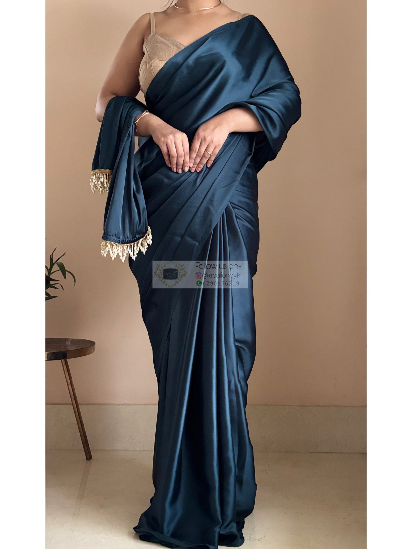 Midnight Blue Satin Silk Saree With Handmade Tassels On Pallu kreationbykj