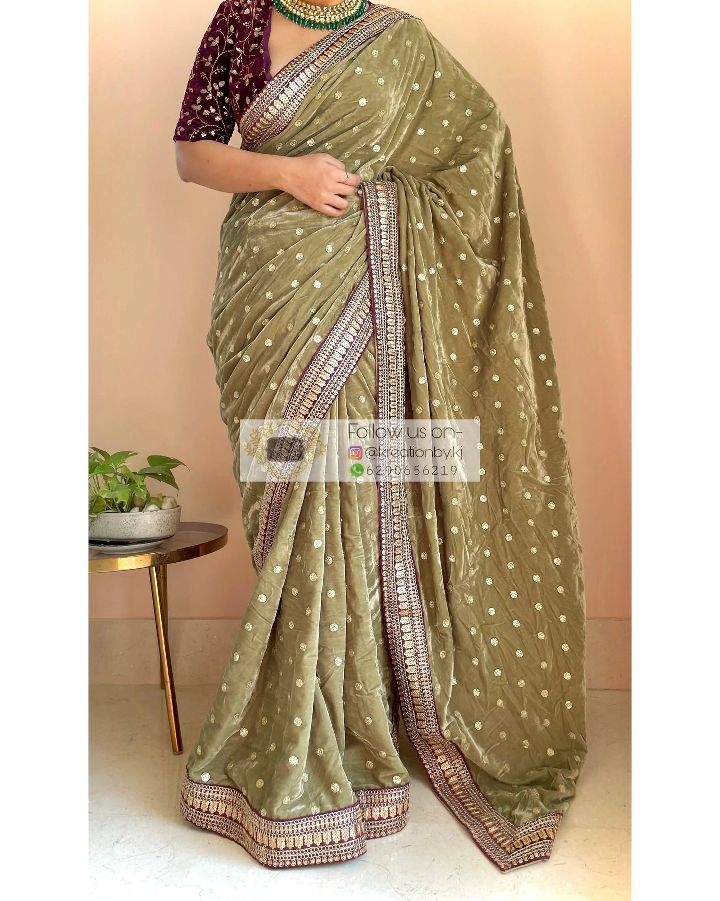 Sage Green Velvet Saree With Border kreationbykj
