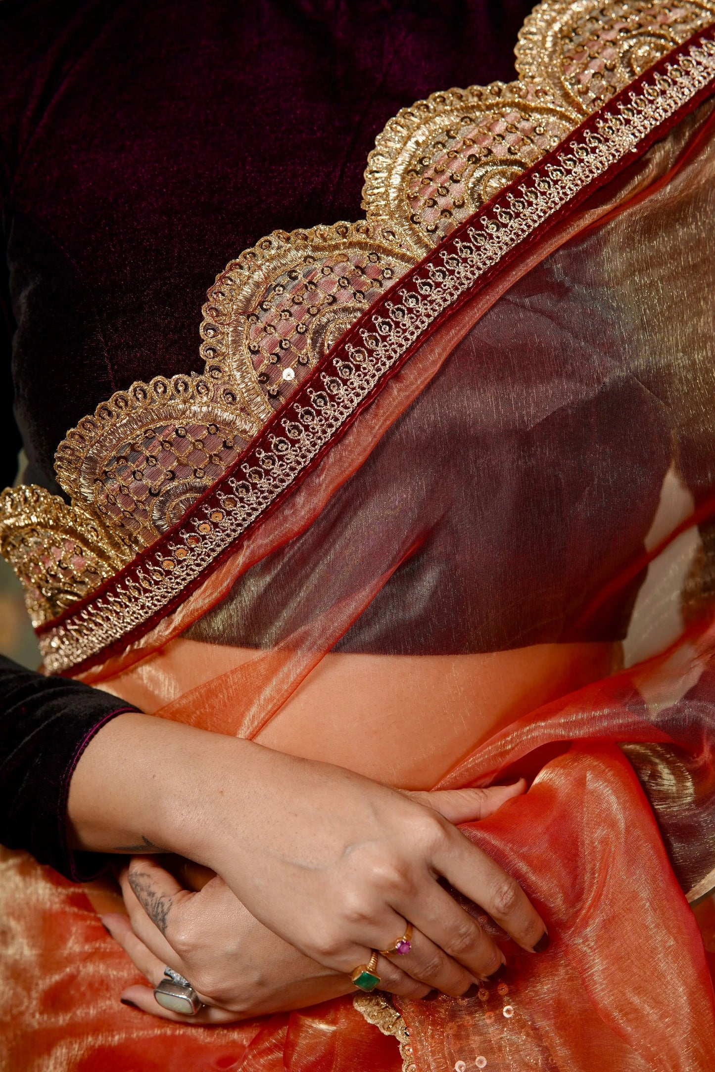 Marigold Glass Tissue Mehraab Border Saree kreationbykj