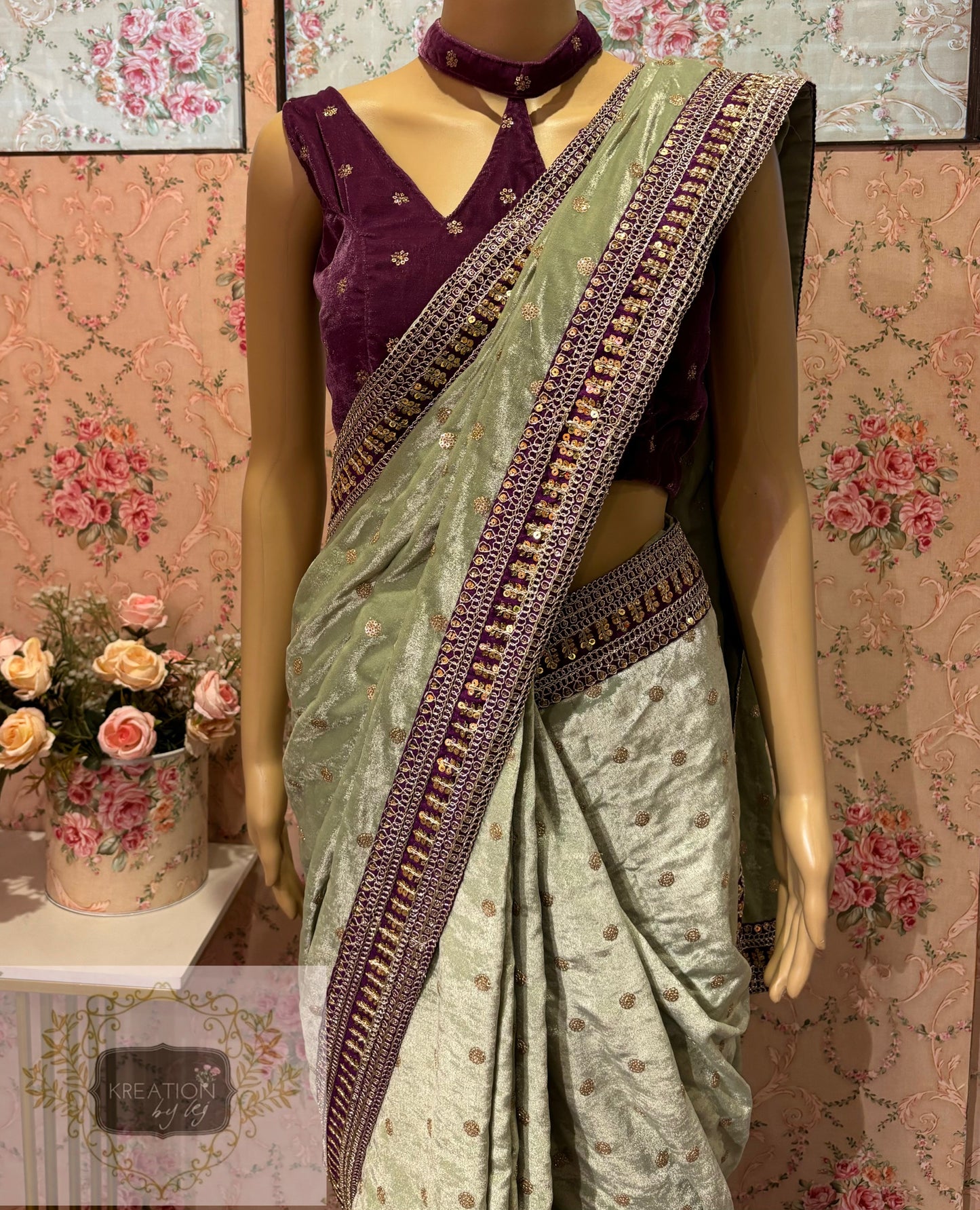 Sage Green Velvet Saree With Border kreationbykj