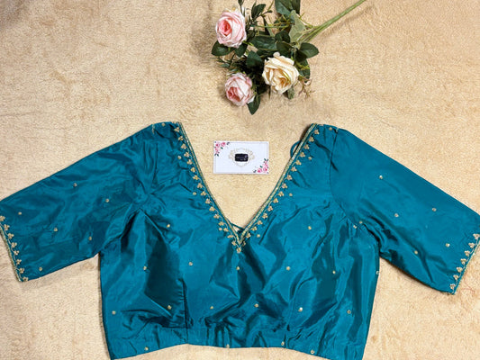 Teal Blue Silk Blouse With Embroidery kreationbykj
