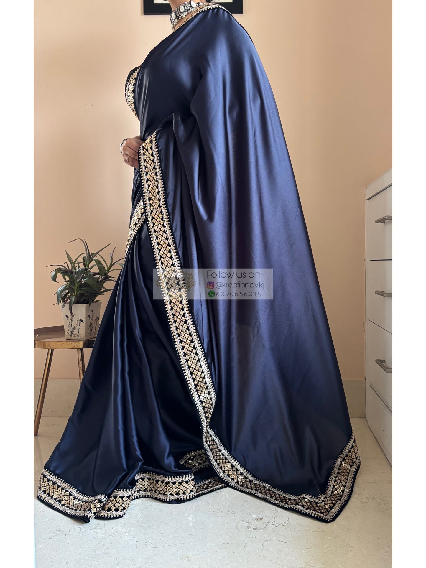Dark Navy Blue Satin Silk Saree with Black Border kreationbykj