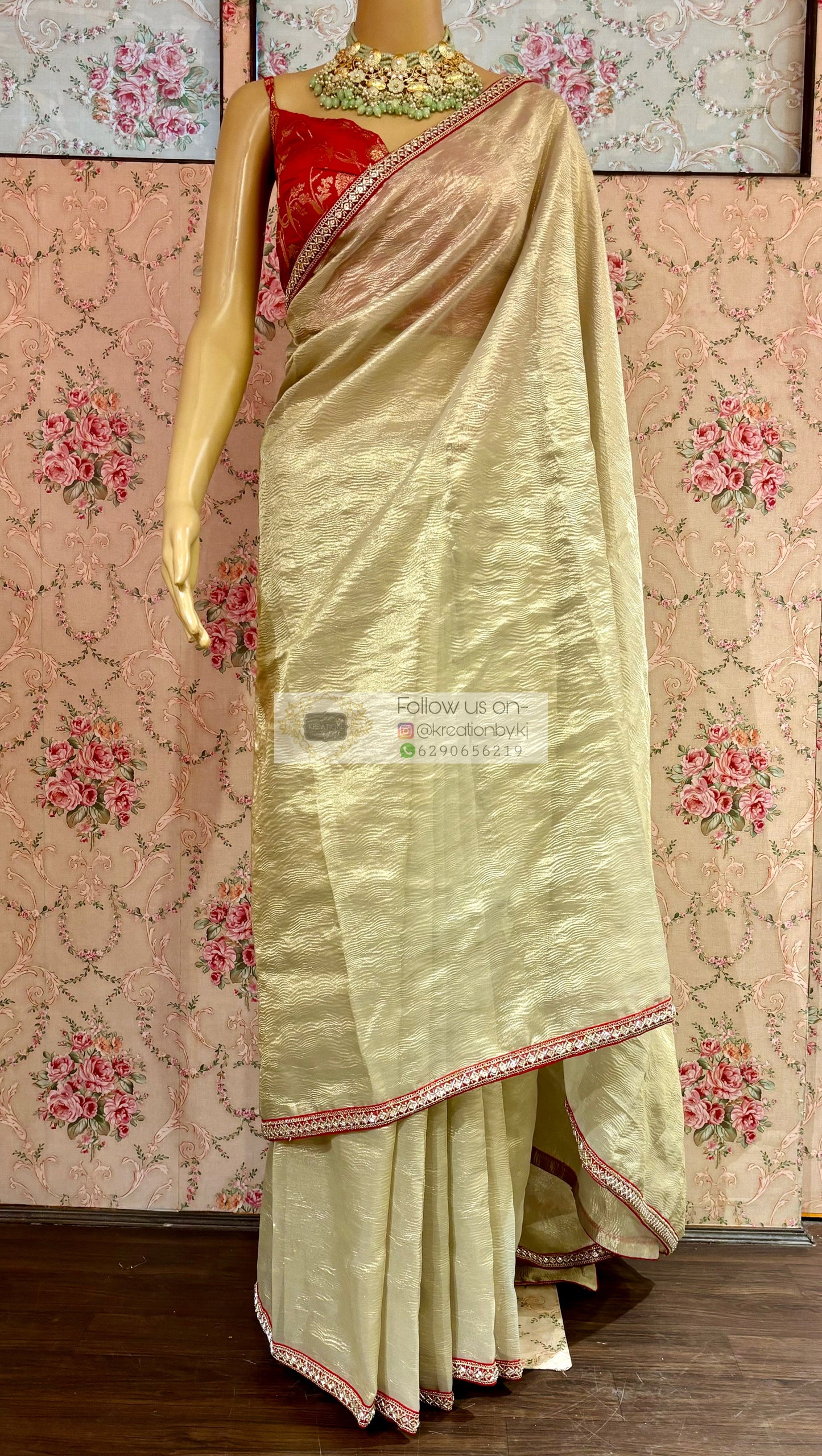 Swarna Beige Crushed Tissue Saree kreationbykj