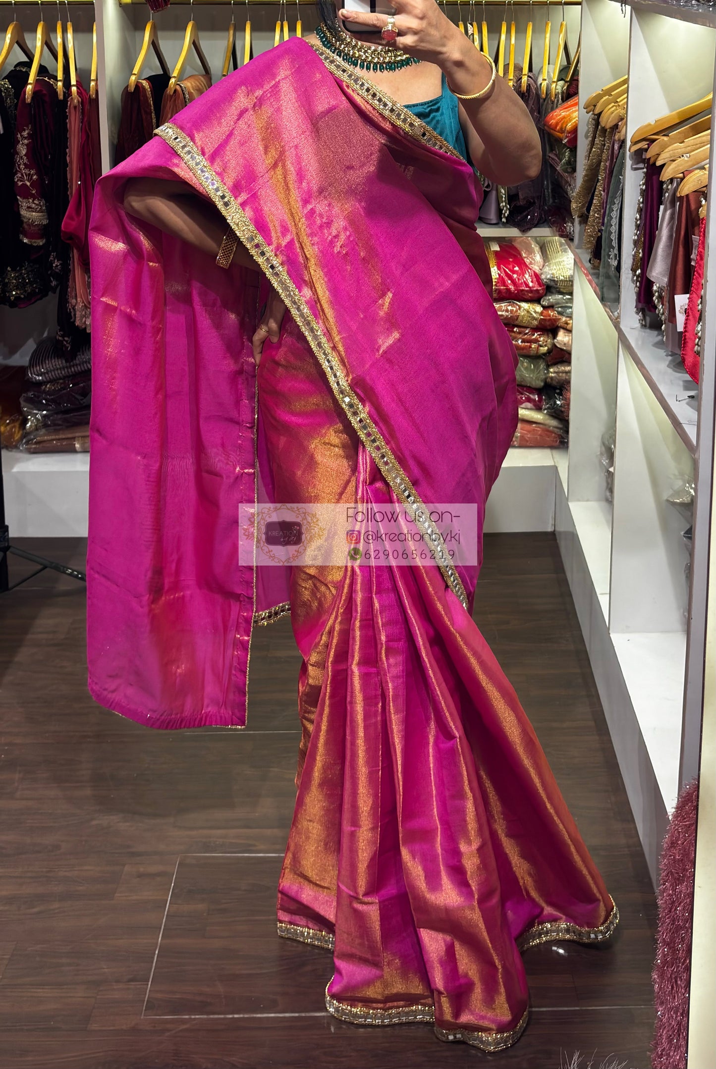 Hot Pink Mirage Saree with Cut Mirror Border kreationbykj