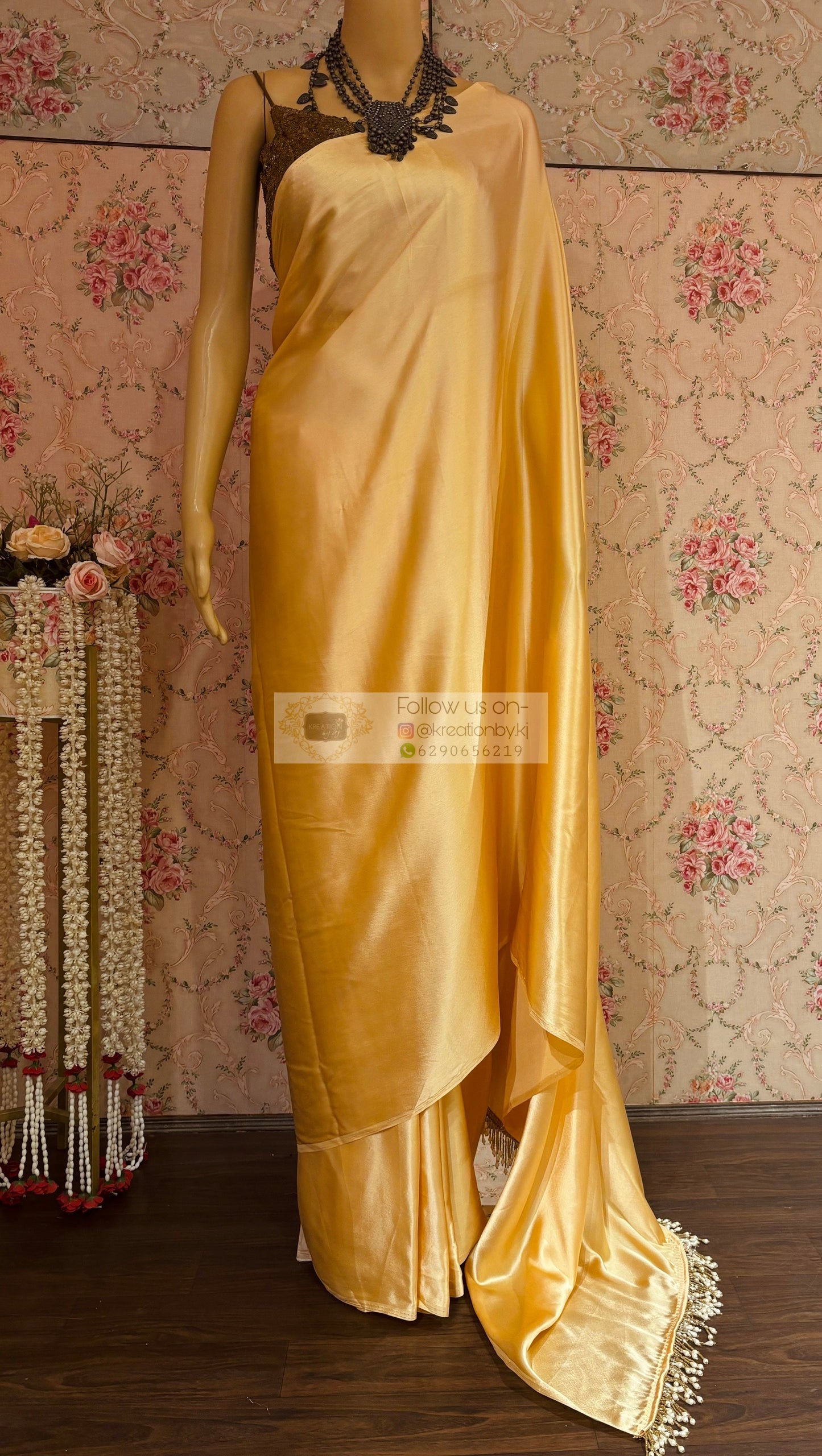 Tuscany Beige Satin Silk Saree with Handmade Tassels on Pallu kreationbykj