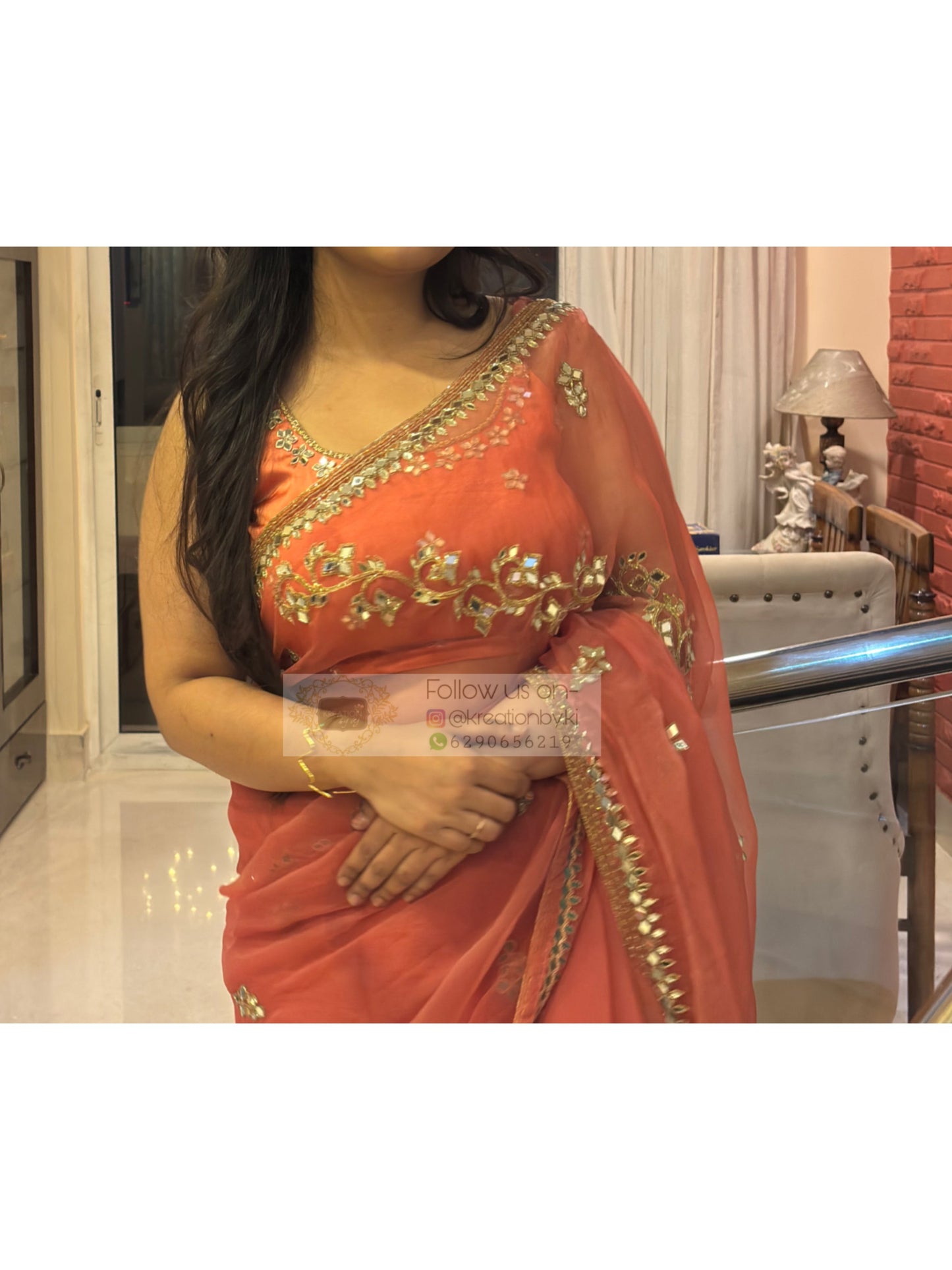 Peach Sheesh Leher Real Mirror Cutwork Saree Kreation by KJ