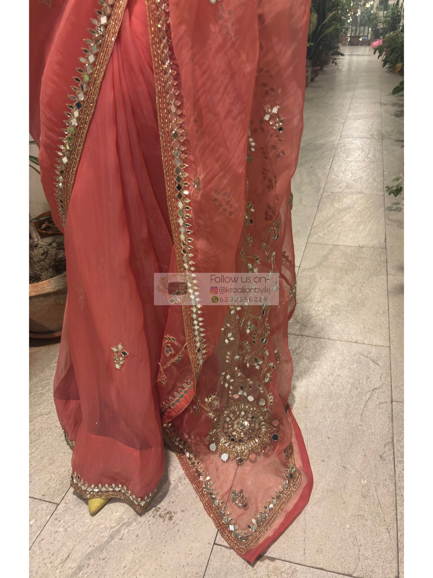 Peach Sheesh Leher Real Mirror Cutwork Saree Kreation by KJ