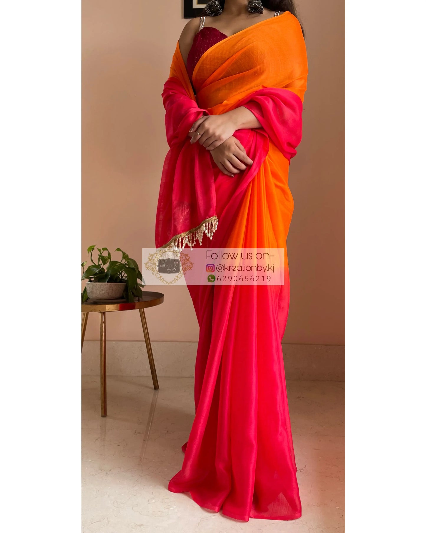 Sunset Ombré Chiffon Saree with Handmade Tassels on Pallu kreationbykj