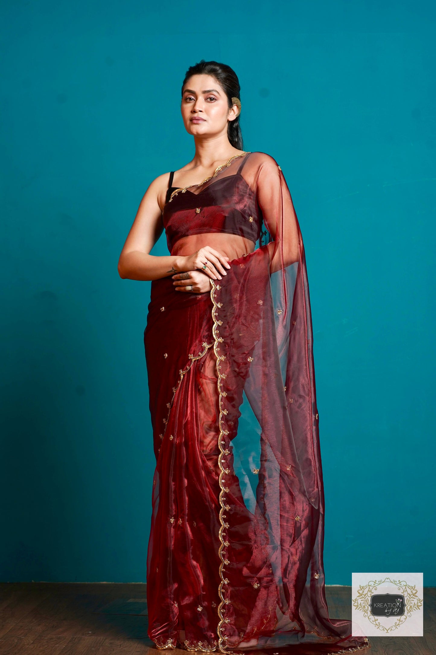 Maroon Glass Tissue Sequin Piyali Saree kreationbykj