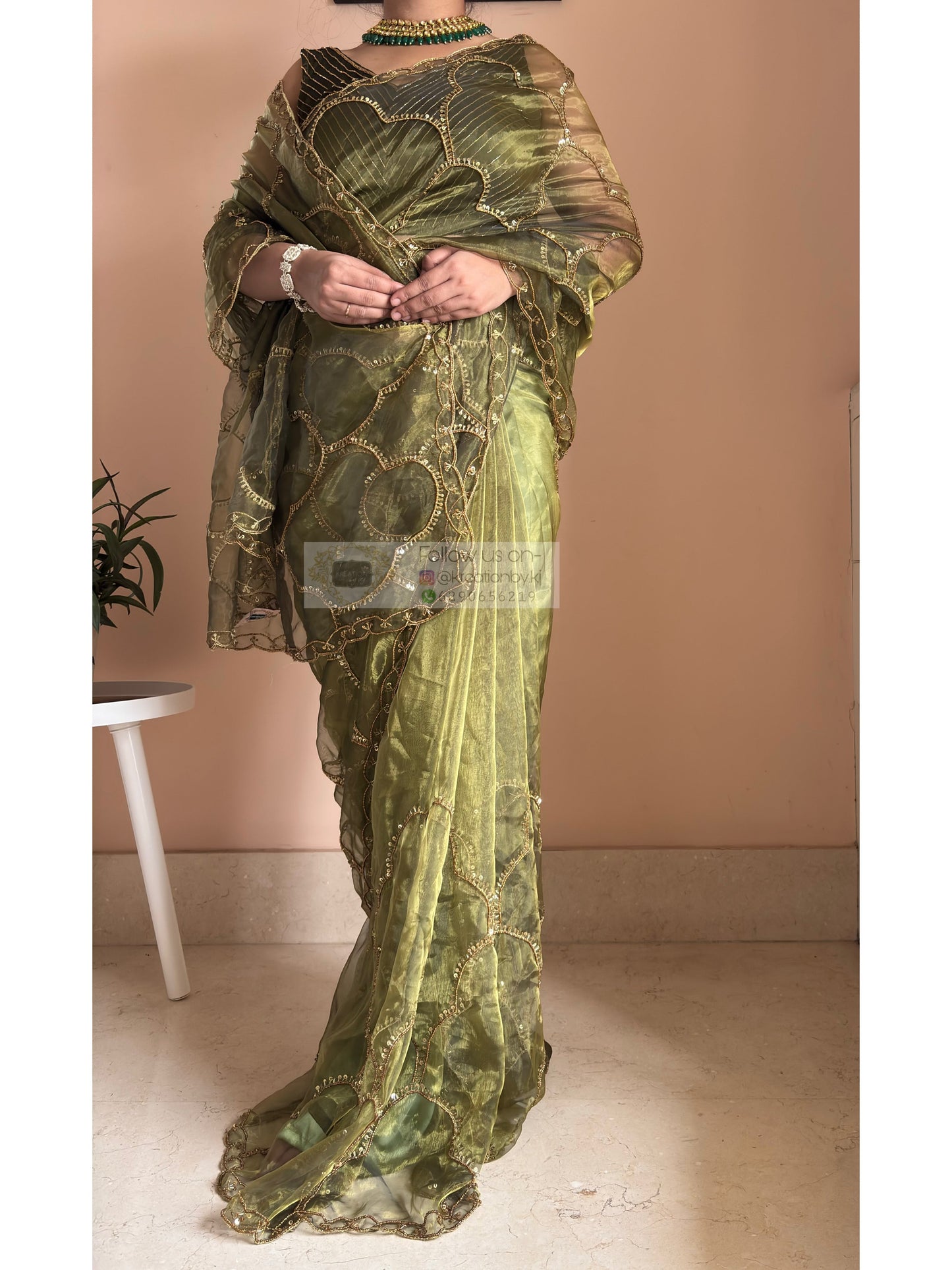 Military Green Chaudhvin ka Chand Saree for Wedding Kreation by KJ
