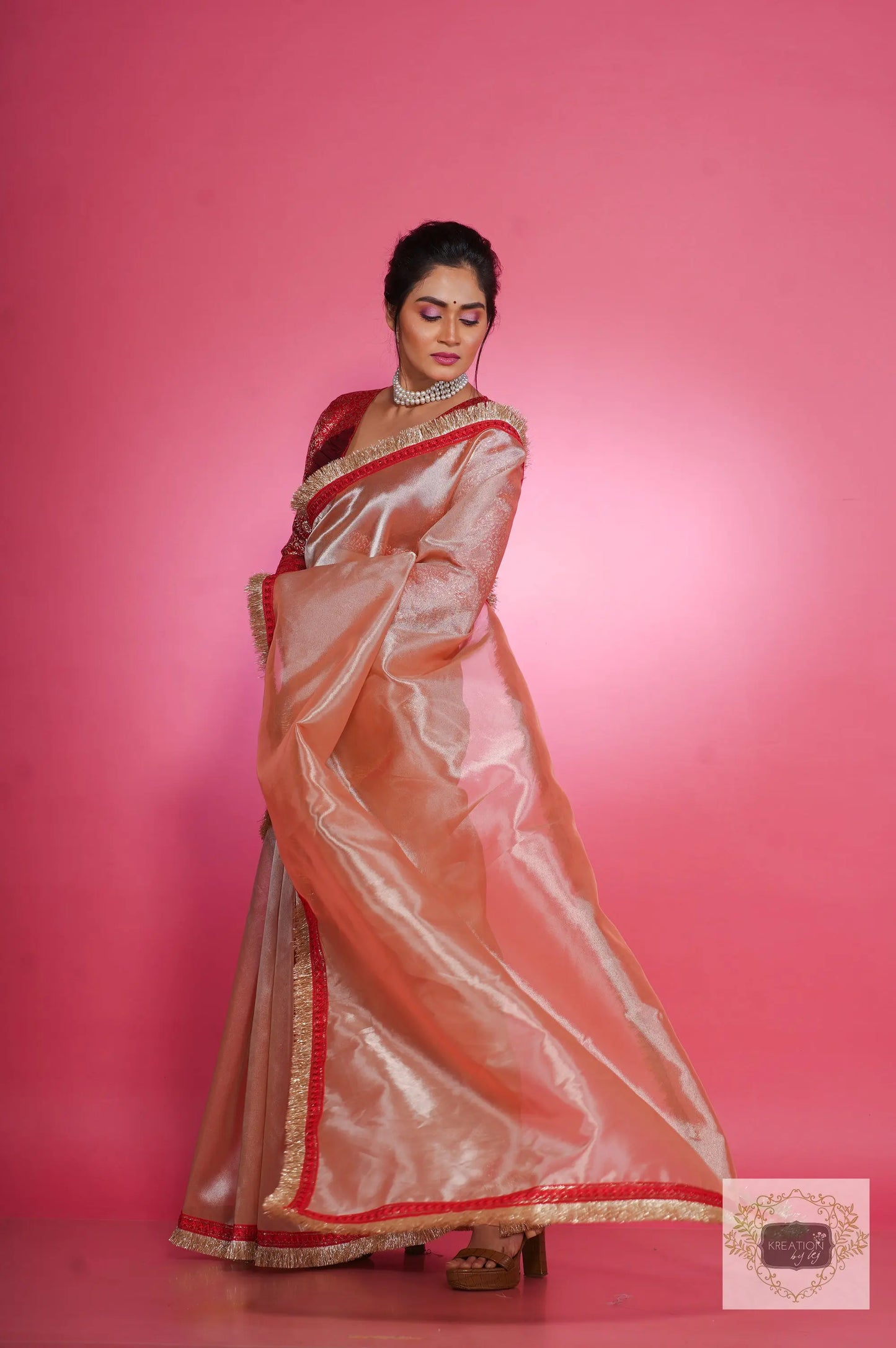 Peach Tissue Banno Saree kreationbykj