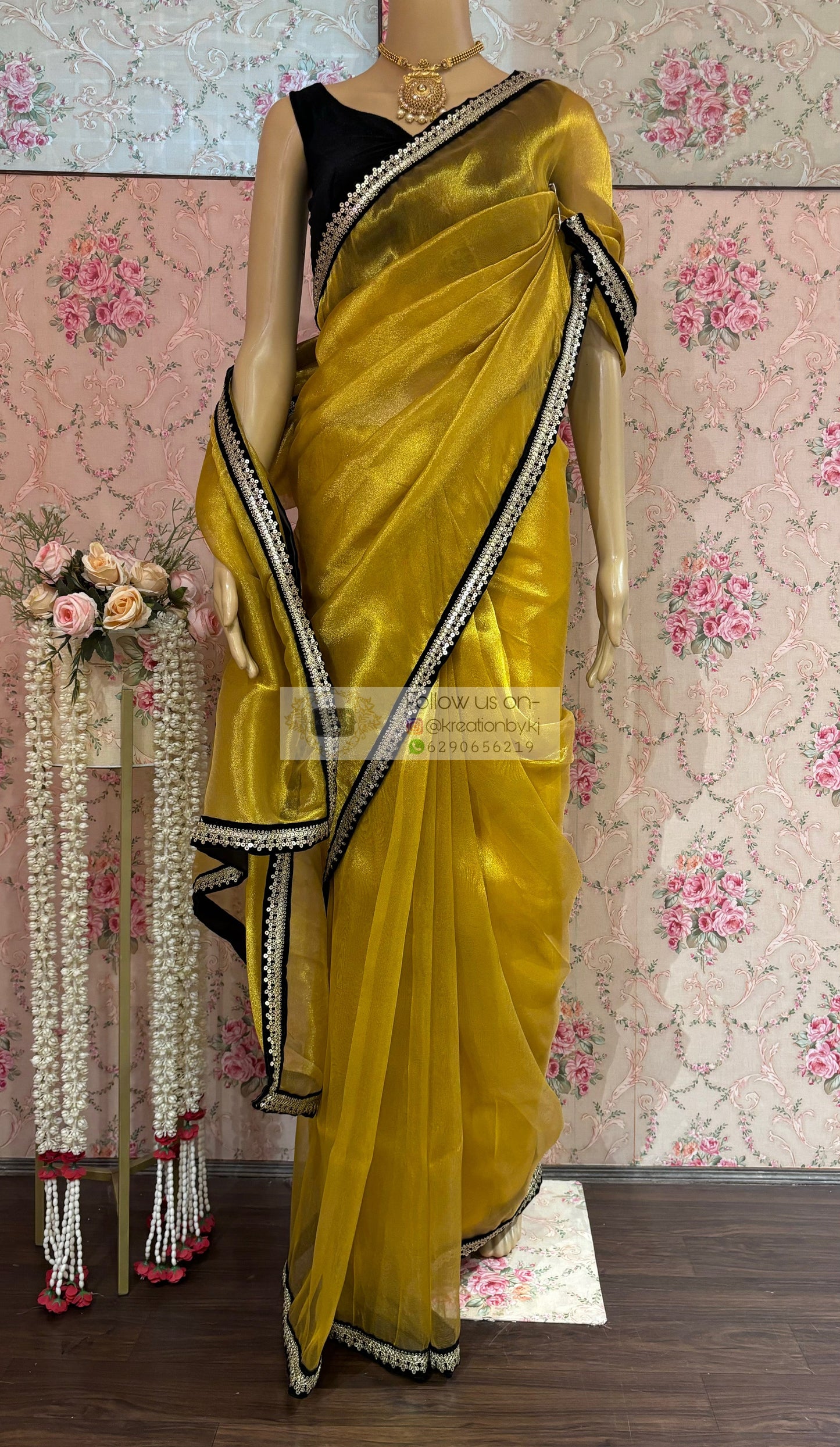 Golden Yellow Zari Tissue Cocktail Saree kreationbykj