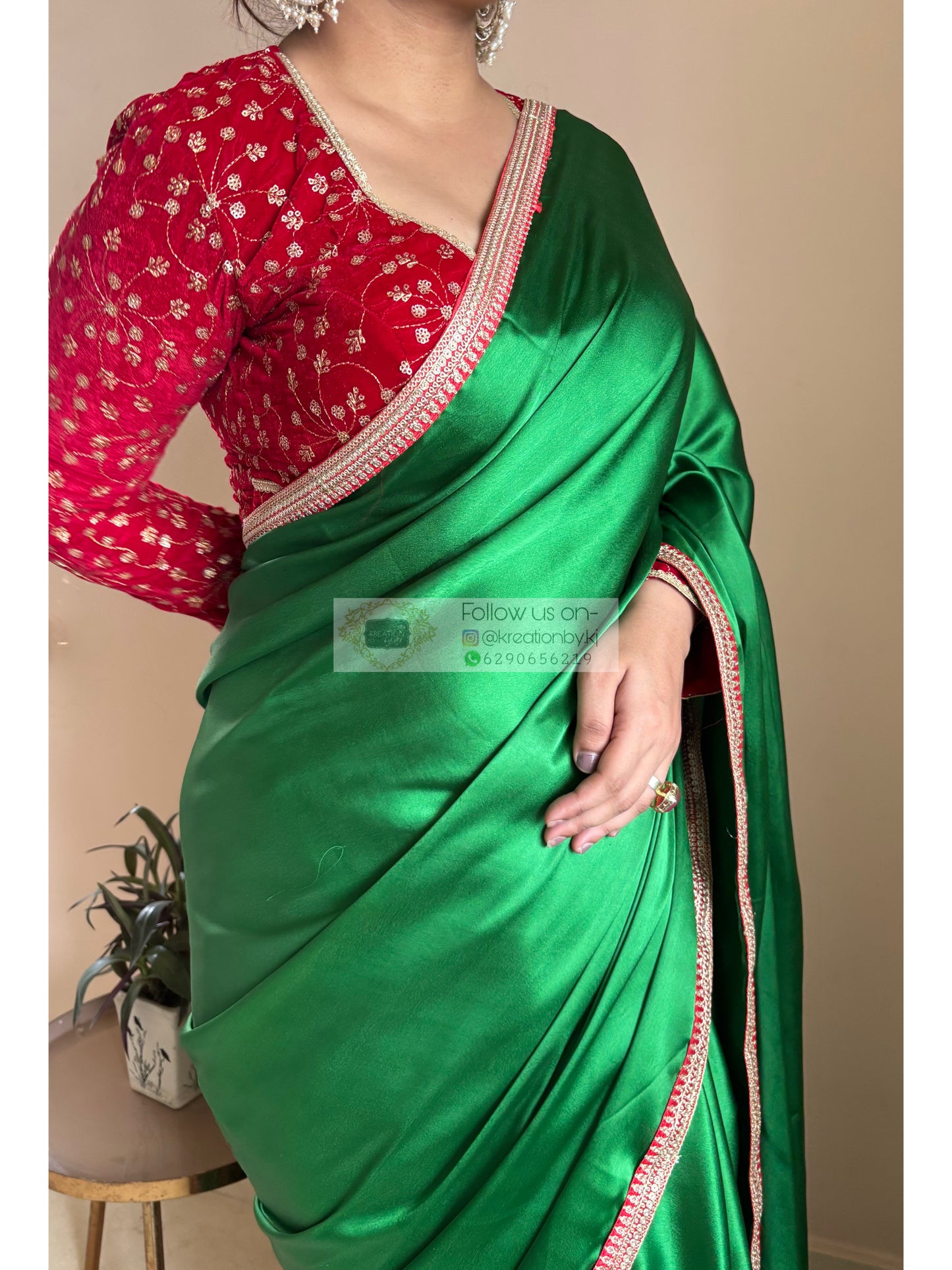 Green Satin Silk Saree with Red Border - kreationbykj