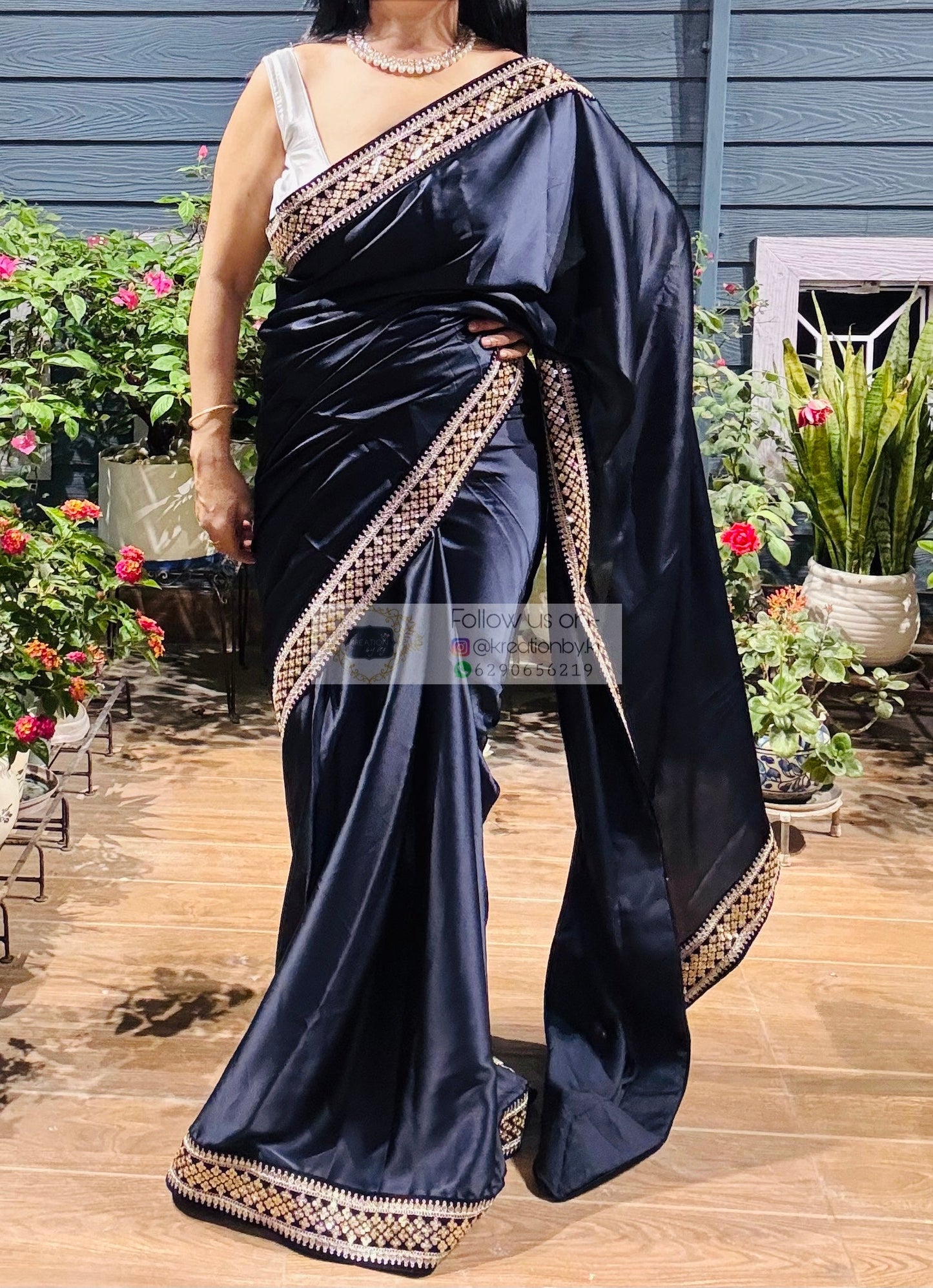 Dark Navy Blue Satin Silk Saree with Black Border kreationbykj