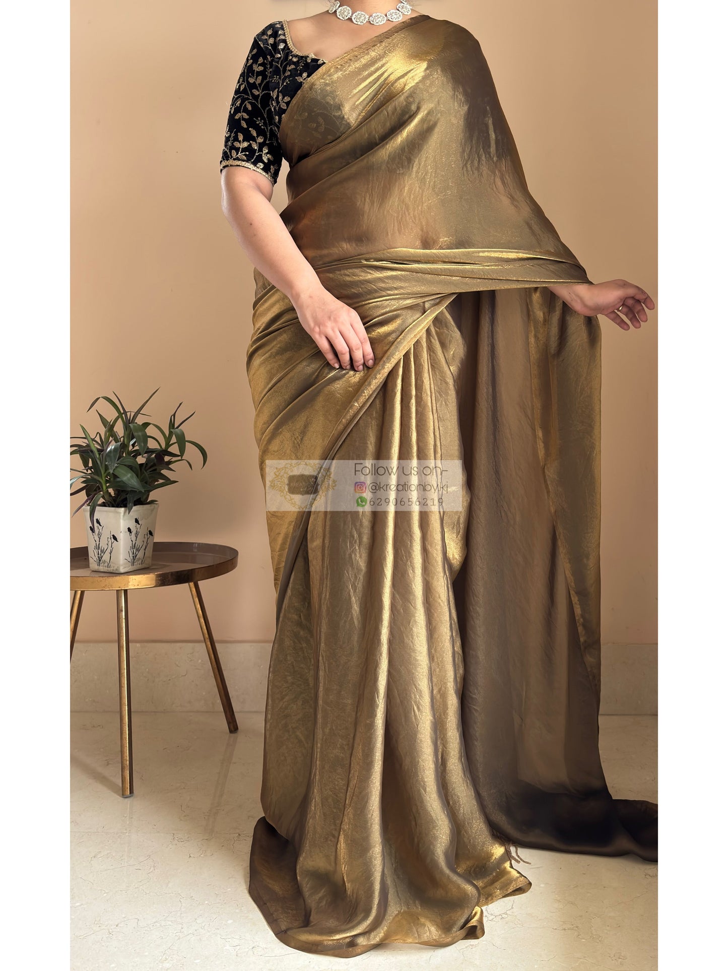 Molten Golden Shimmer Satin Saree With Handmade Tassels on Pallu kreationbykj