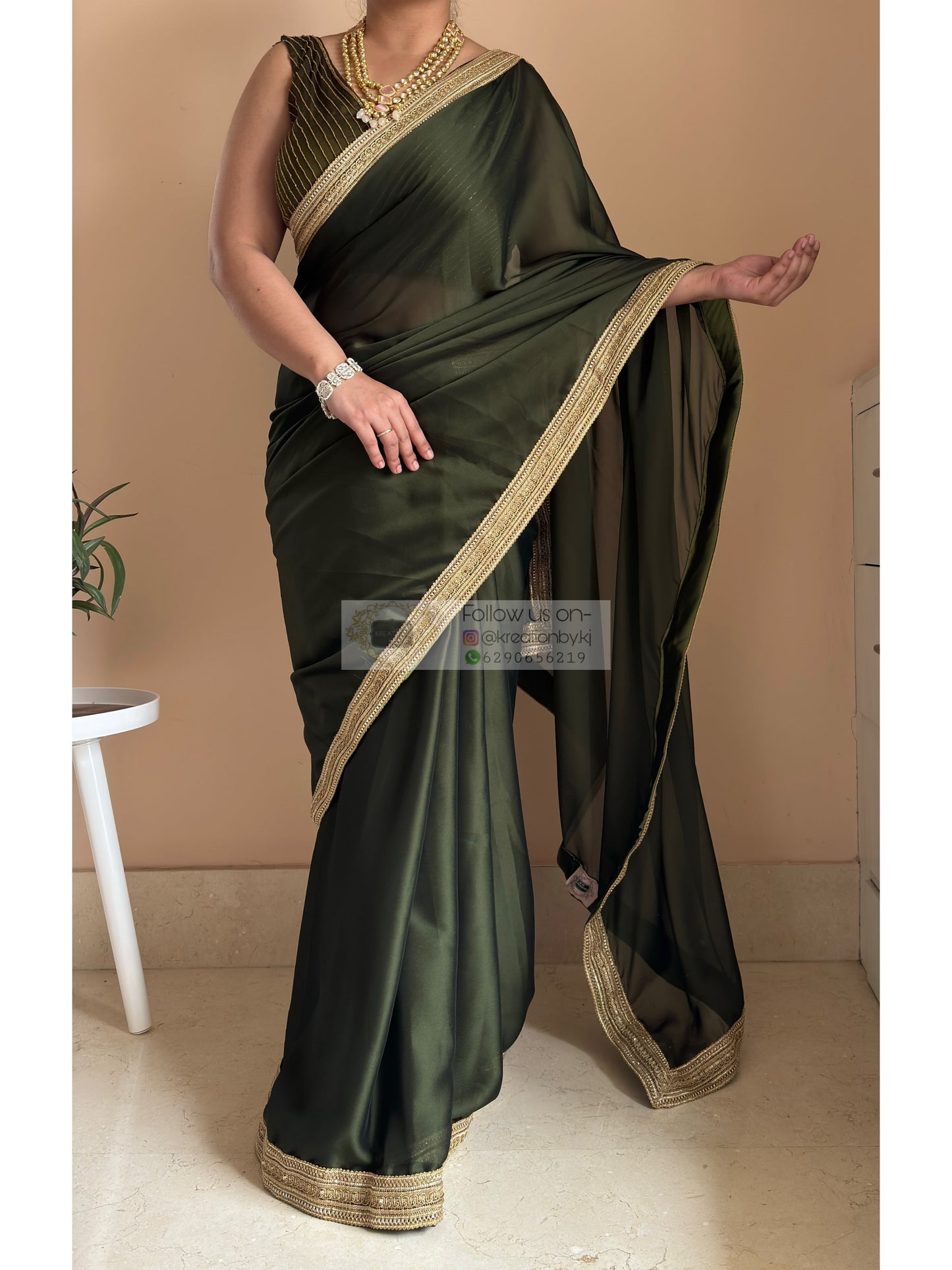 Olive Green Georgette Saree with Golden Border Kreation by KJ