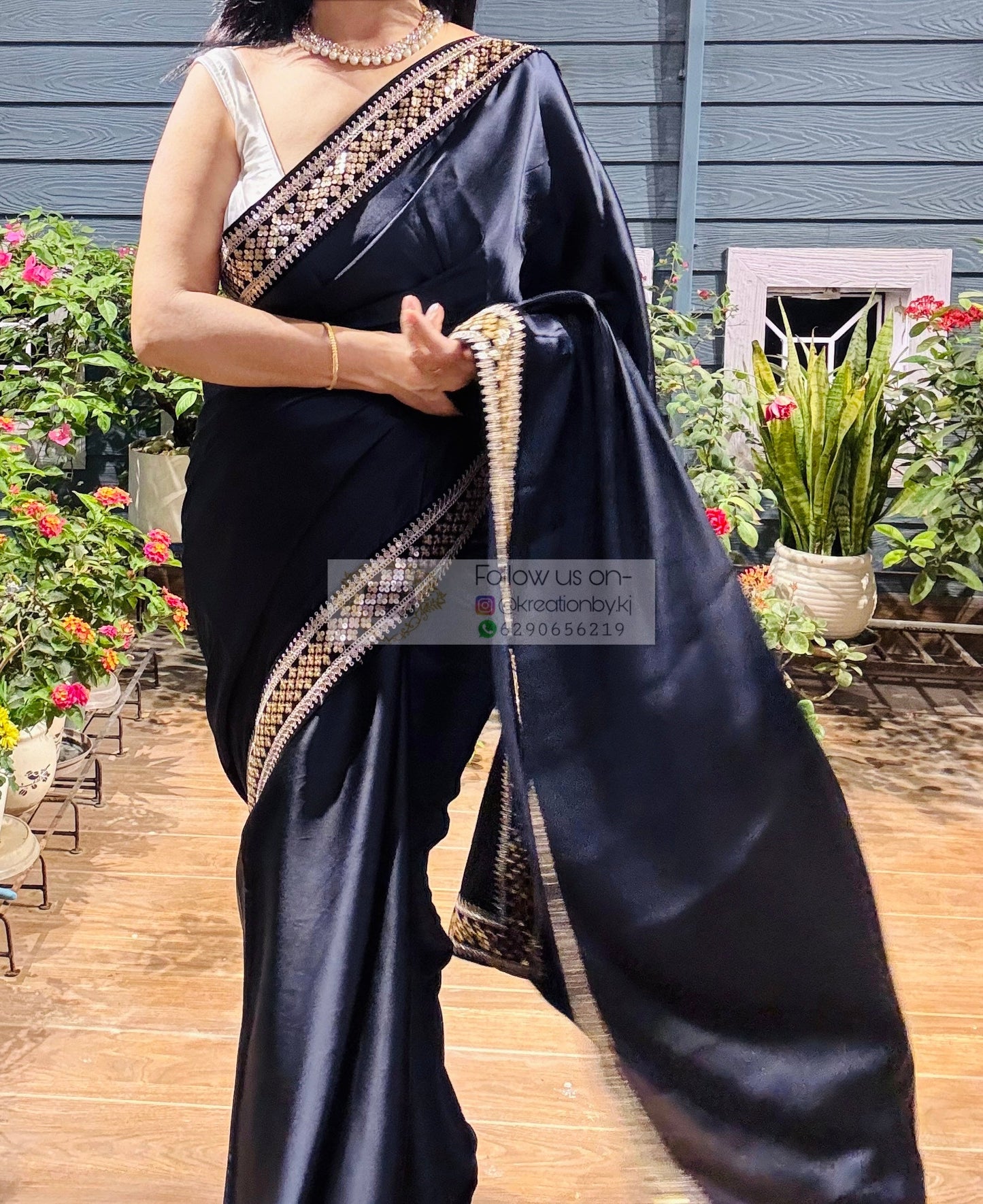 Dark Navy Blue Satin Silk Saree with Black Border kreationbykj