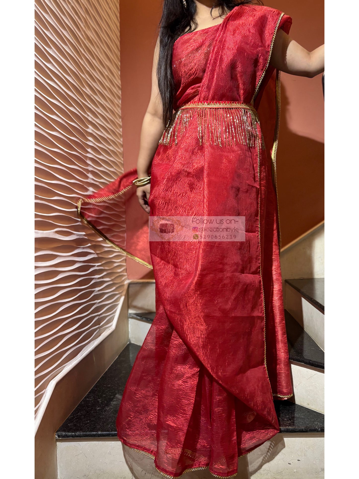 Red Crushed Tissue Saree with Golden Border kreationbykj