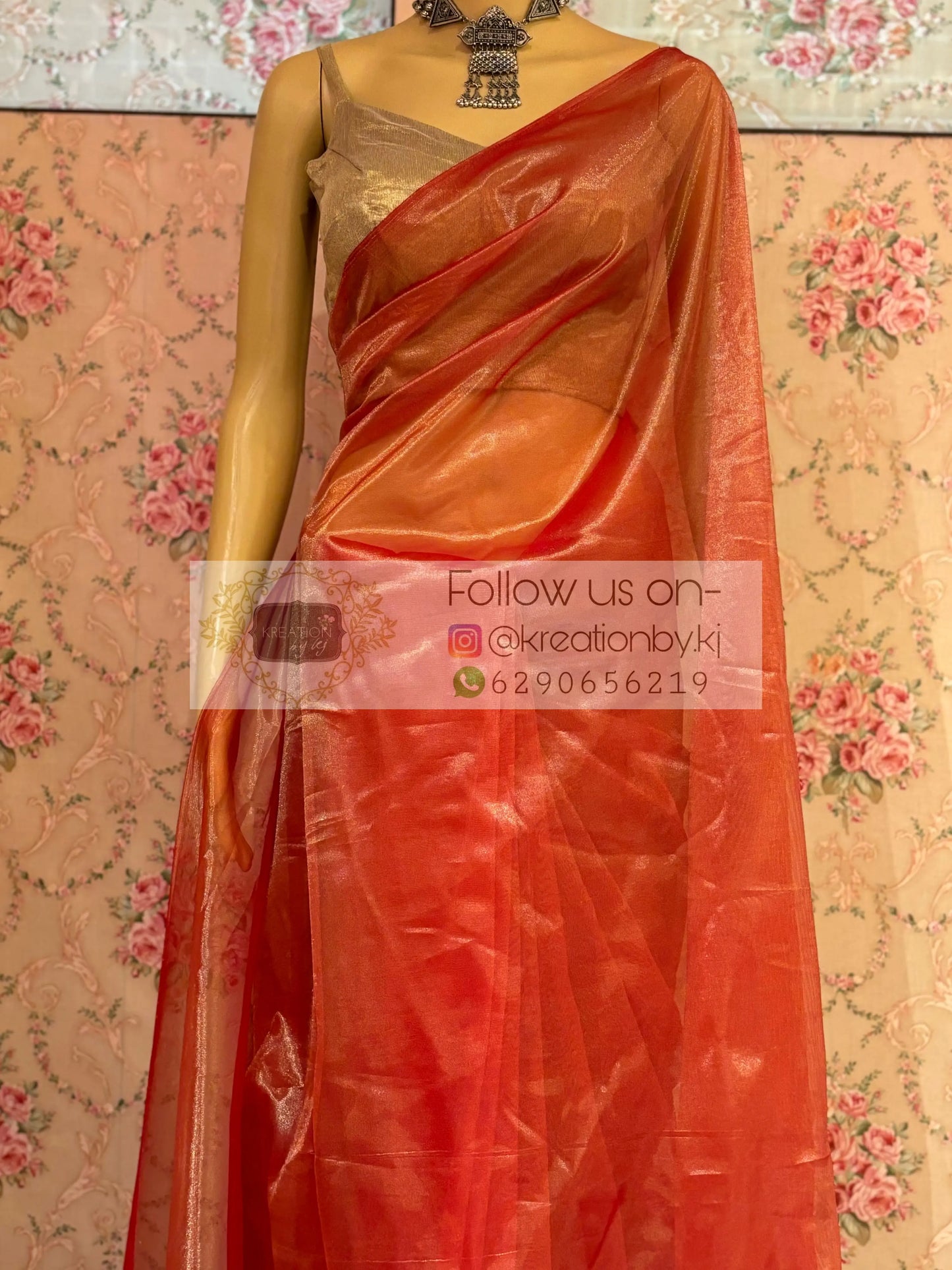Sunset Orange Tissue Net Saree kreationbykj