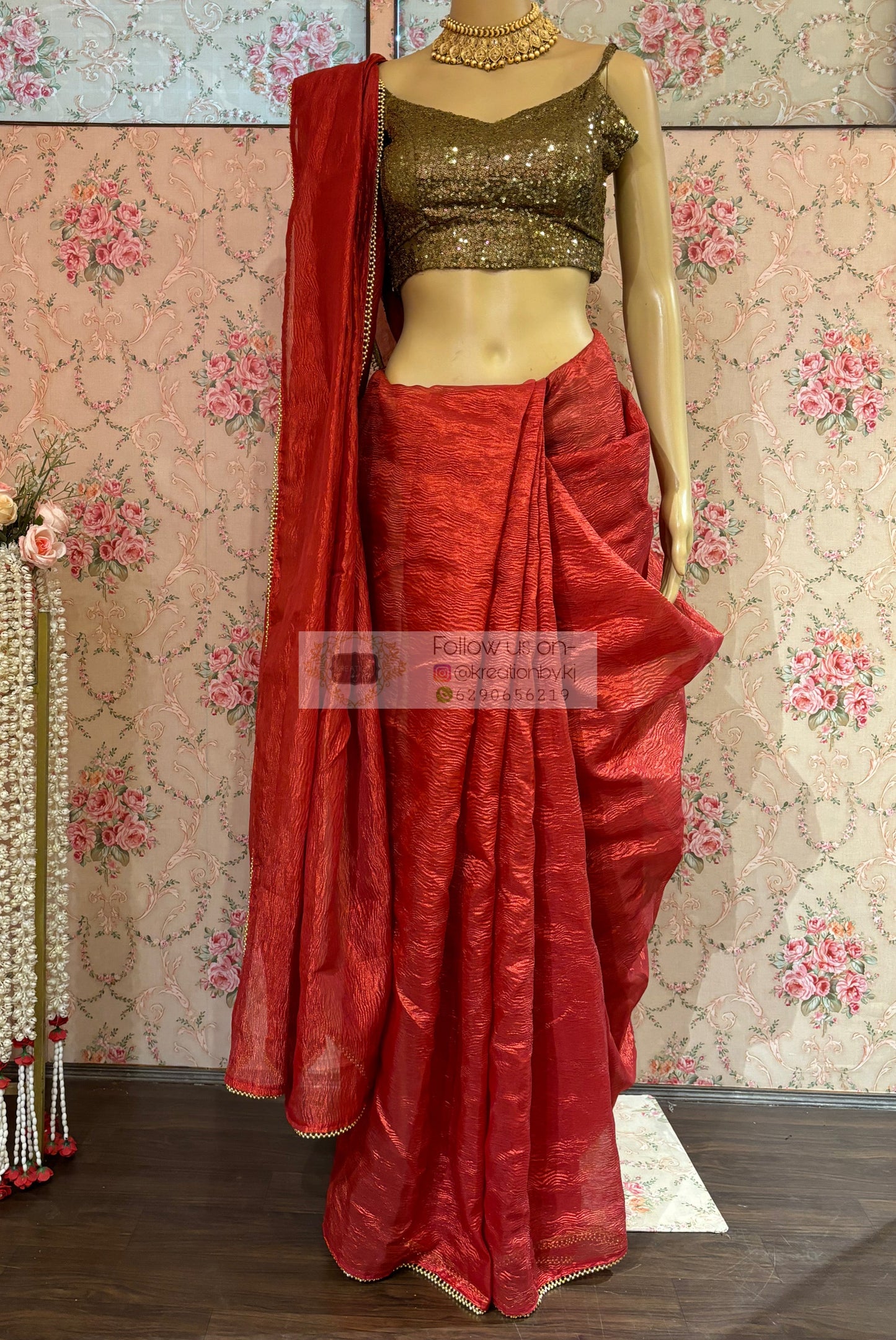 Red Crushed Tissue Saree with Golden Border kreationbykj