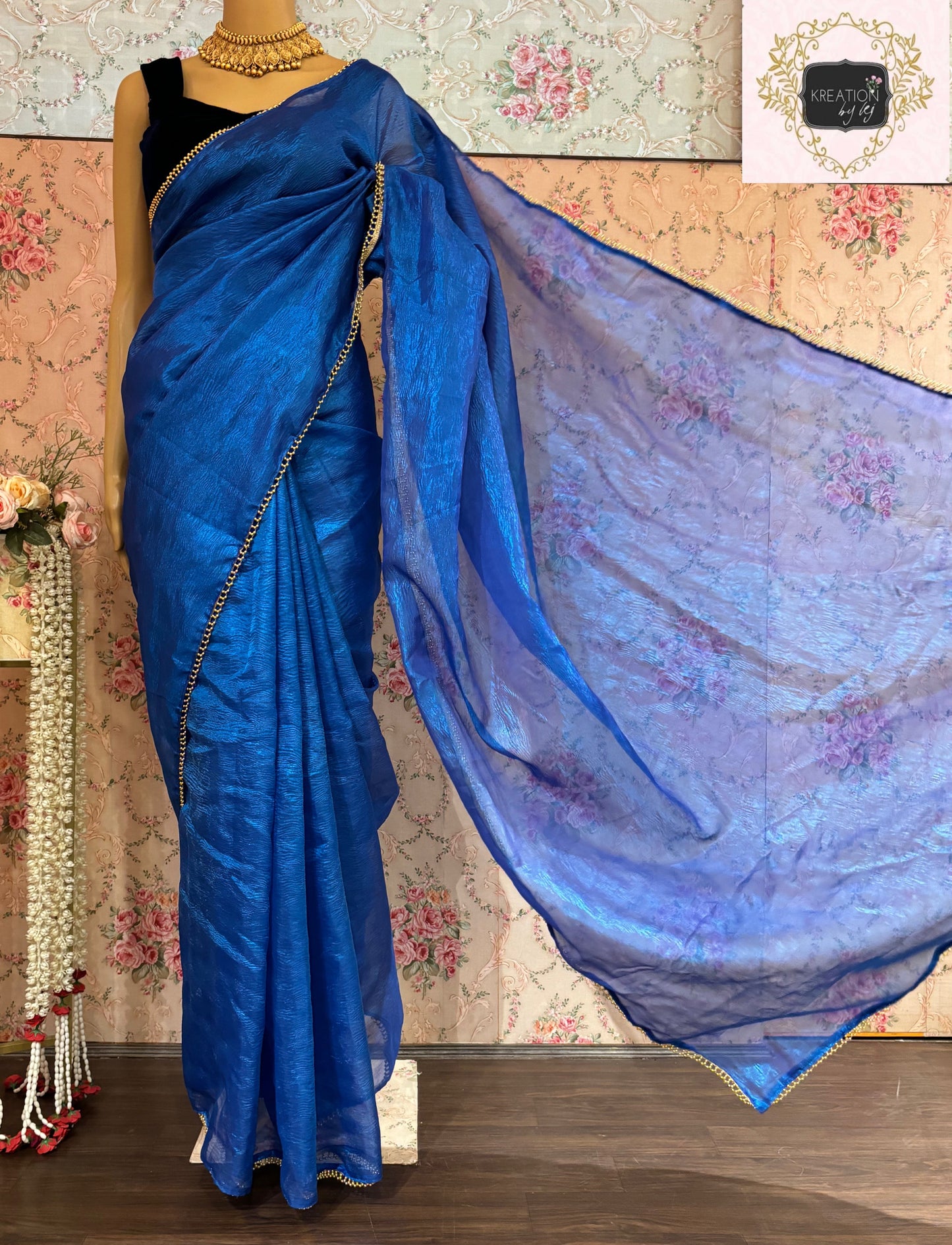 Blue Crushed Tissue Saree kreationbykj
