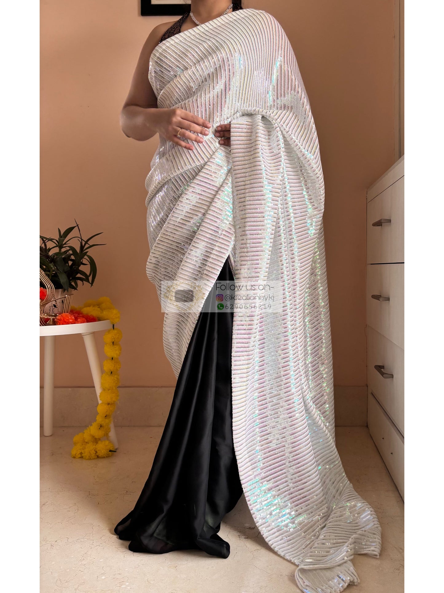 Dazzle White Sequin Half Cocktail Saree Kreation by KJ