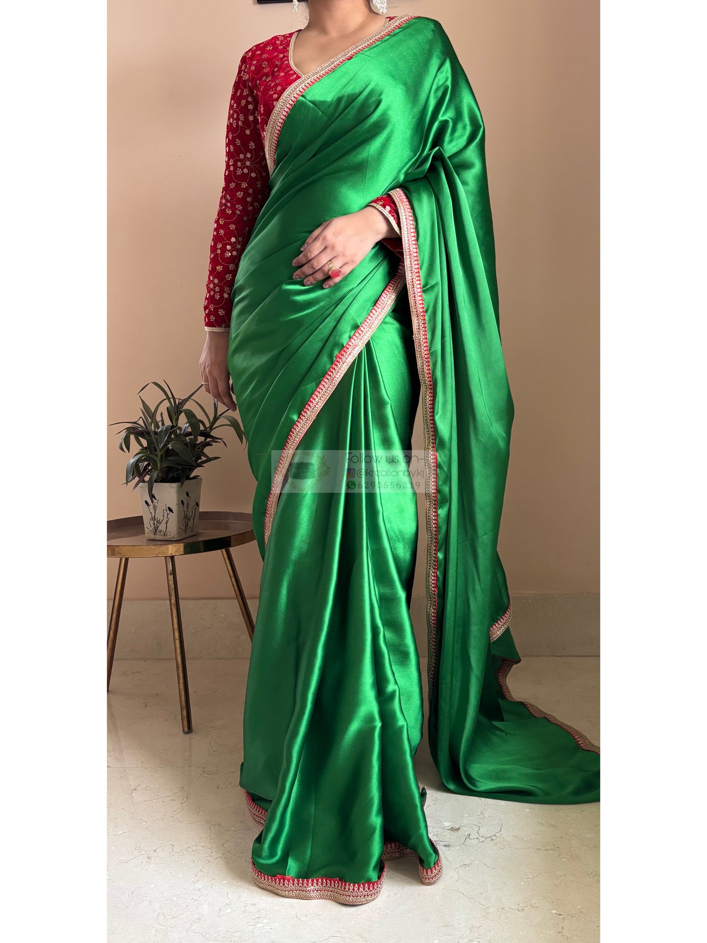 Green Satin Silk Saree with Red Border - kreationbykj