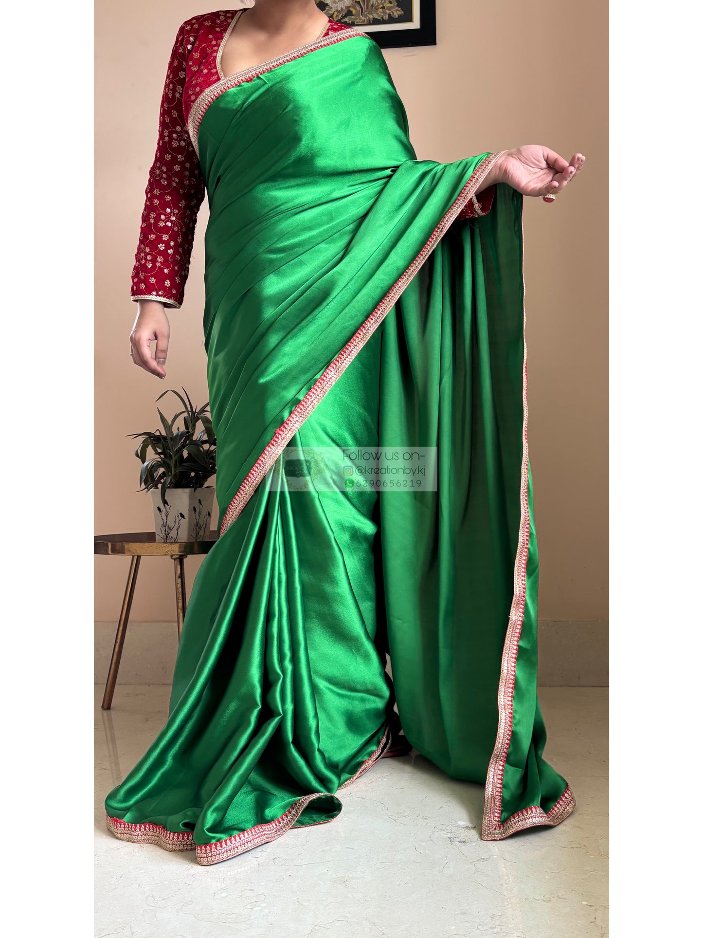 Green Satin Silk Saree with Red Border - kreationbykj