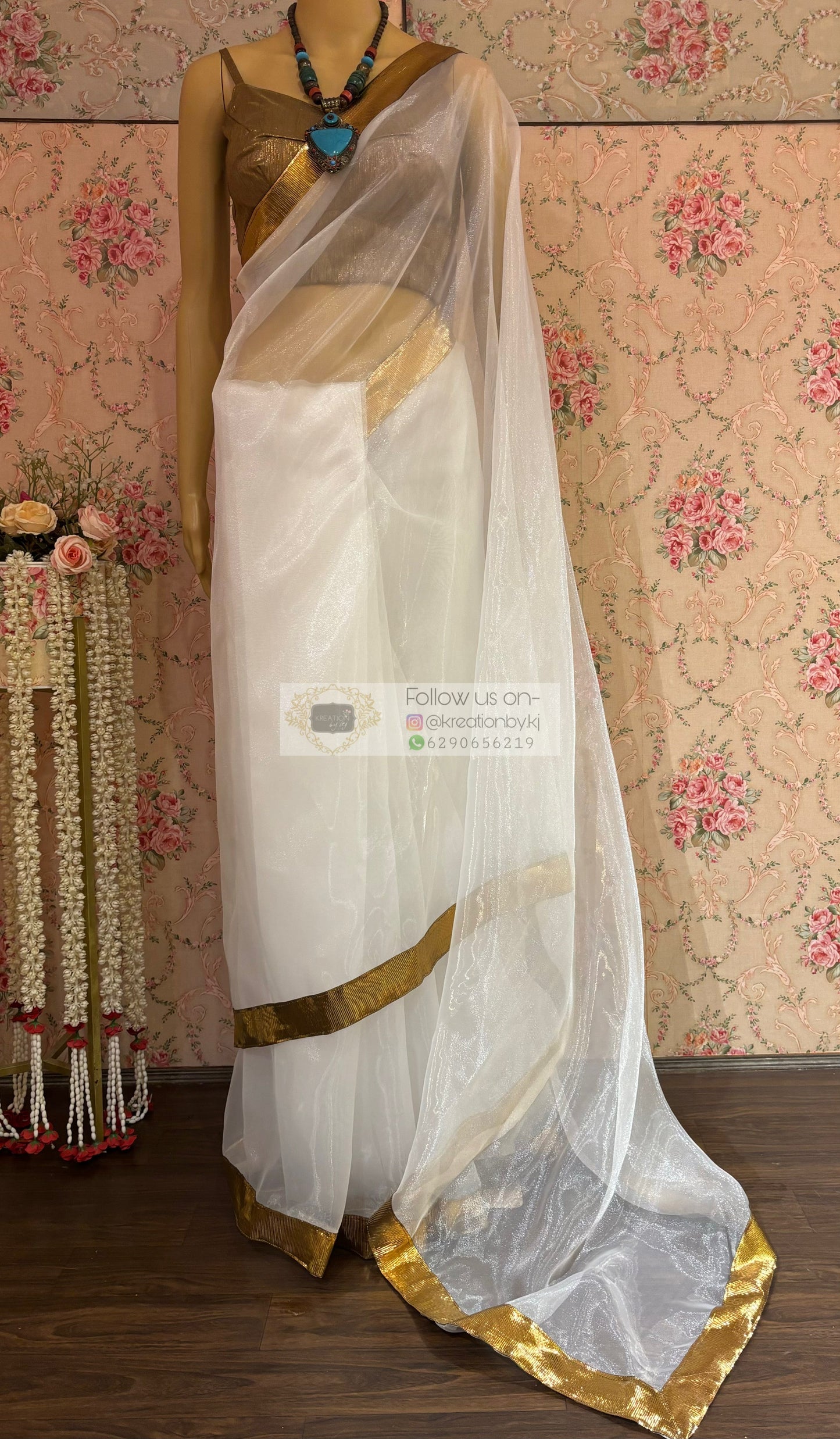 White Organza Saree with Gota Border kreationbykj