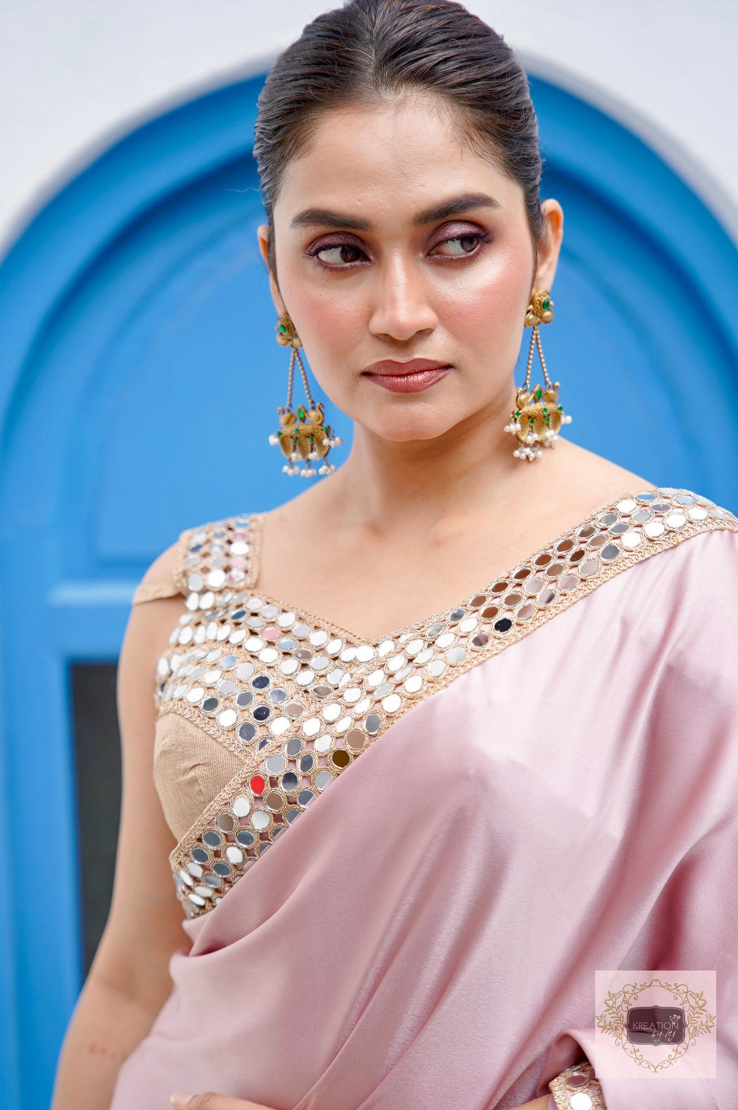 Lilac Satin Silk Saree with Cut Mirror work Lace kreationbykj