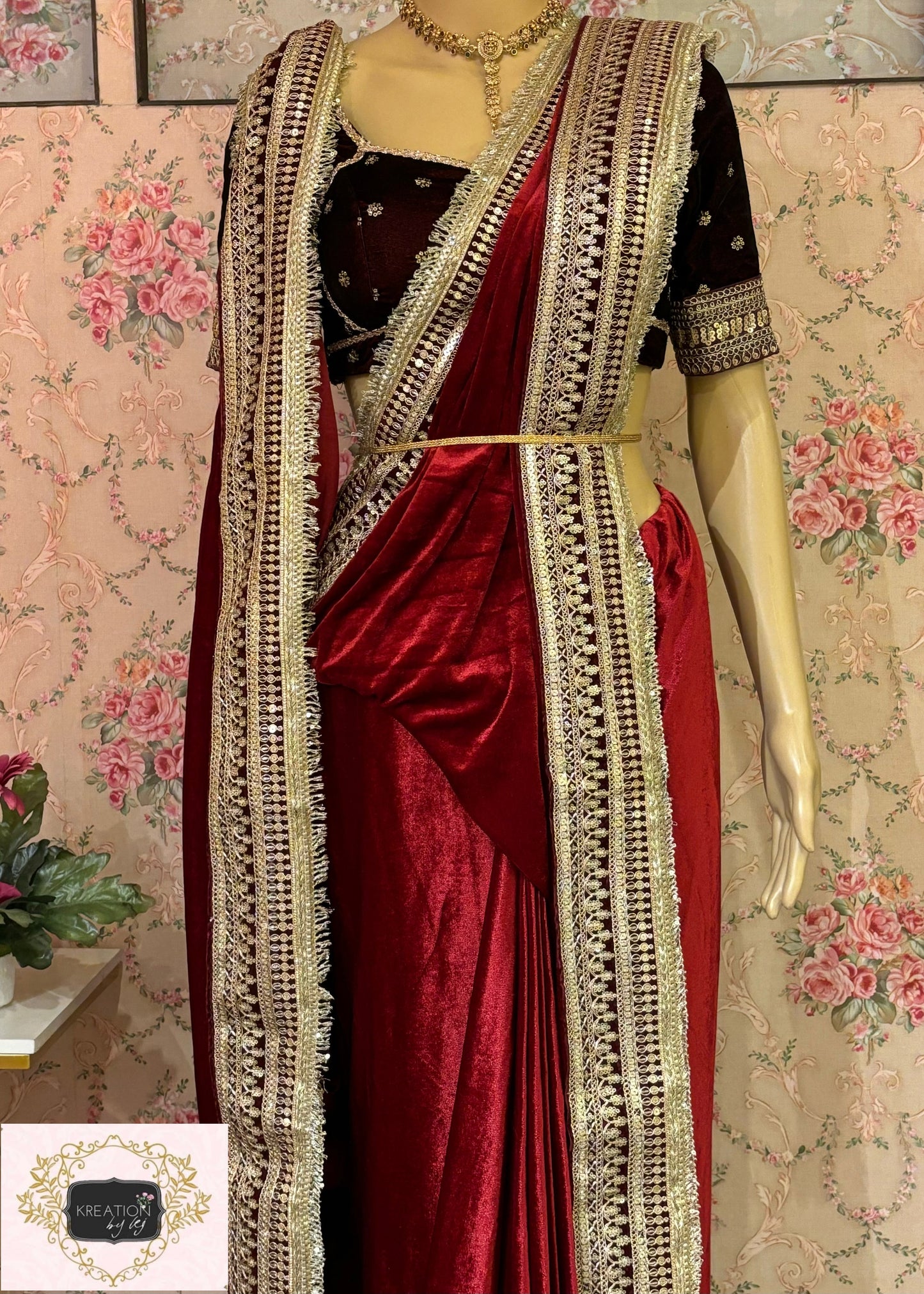 Maroon Velvet Banno Saree kreationbykj
