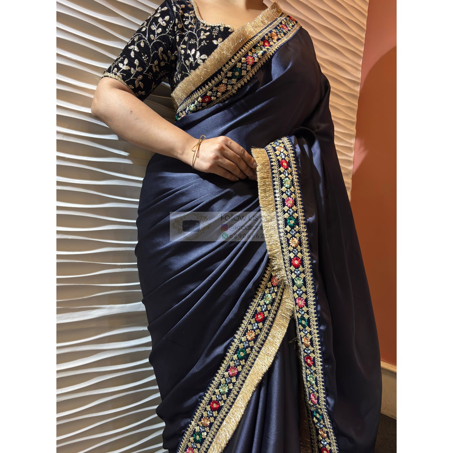 Navy Blue Satin Silk Floral Banno Saree kreationbykj