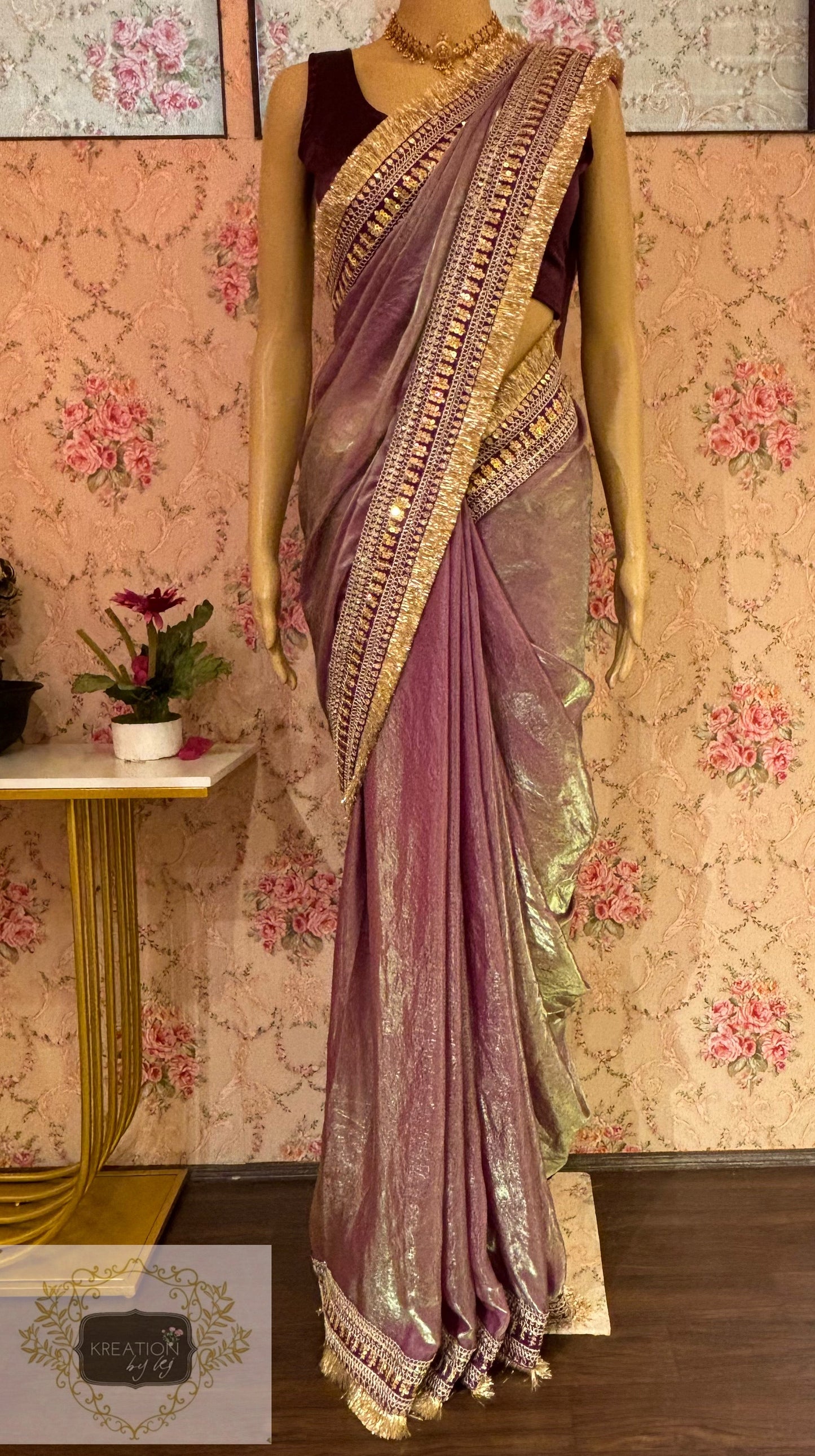 Mauve Metallic Shimmer Satin Banno Saree kreationbykj